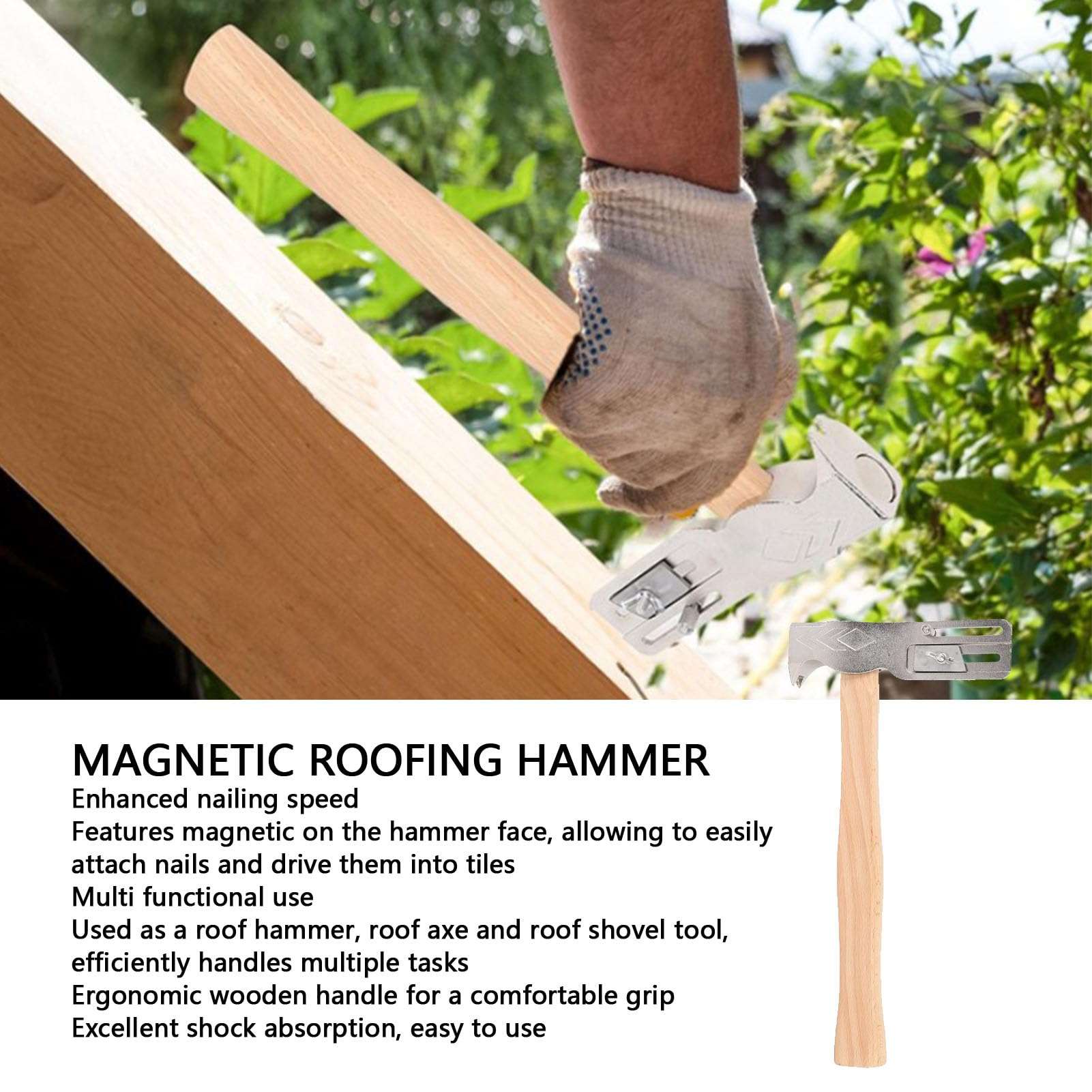 CHEOTIME Magnetic Roofing Hammer, Forged Steel Multifunctional Magnet Roofing Hatchet Wooden Handle Roof Axe with Nail Claw and Cutter for Tile and Shingle Installation 4