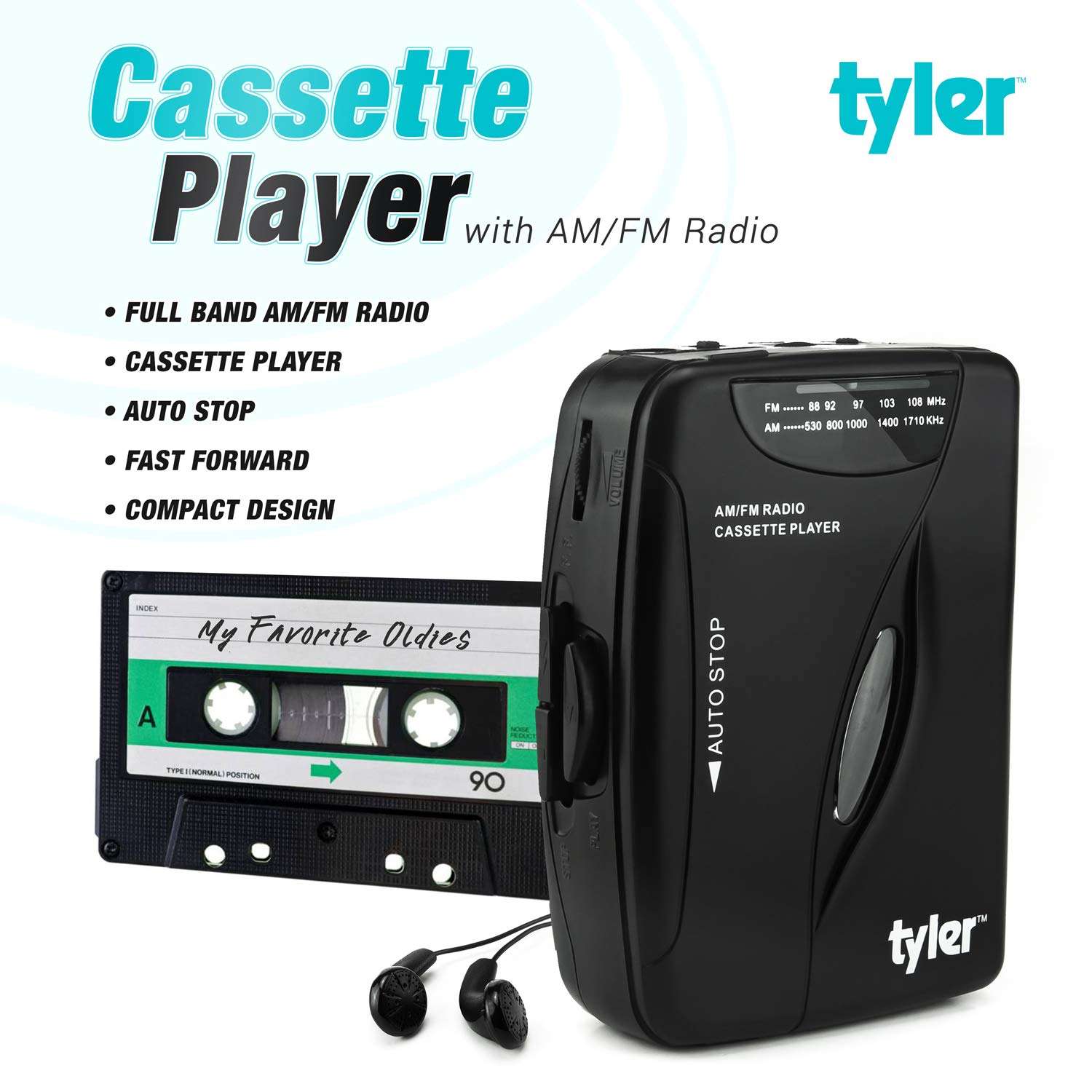 Tyler TCP-02 Portable Stereo Cassette Player - Slim 7 x 5 x 2-Inch Listening Device with Tape Deck and Dual Band AM/FM Radio - Retro-Style Battery-Operated Music Tool with Sport Earbuds and Belt Clip 2
