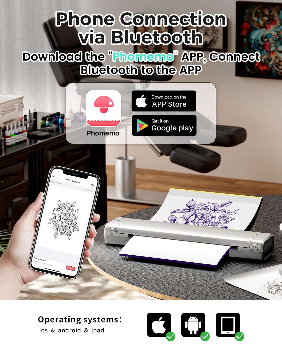 Phomemo Tattoo Thermal Printer Kit with Storage Case & 45 Tattoo Transfer Papers - Wireless Stencil Printer for Tattooing - Compatible with Phones & PCs 4
