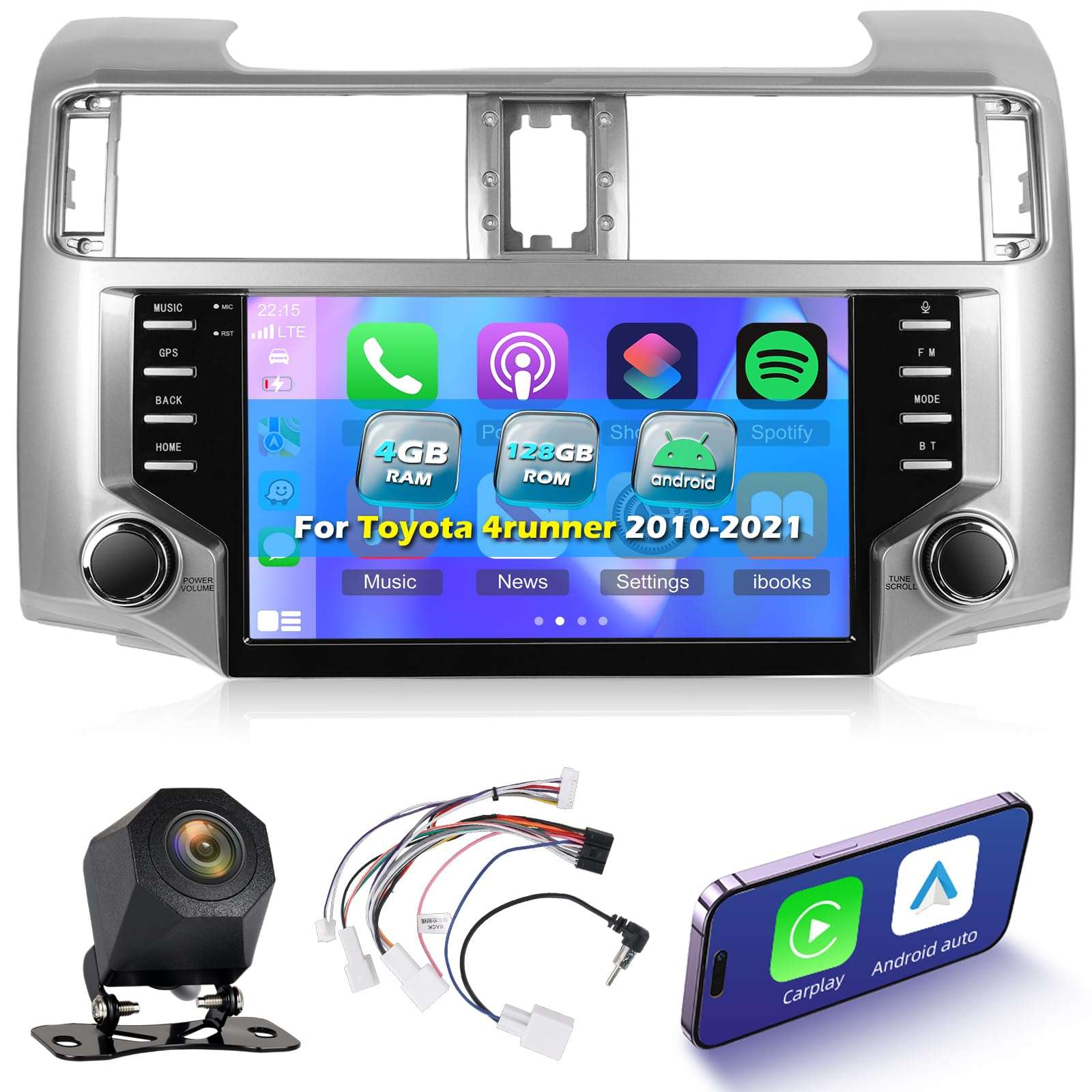4+128G Android 15 Car Stereo for Toyota 4runner 2010-2021, 9 Inch IPS Touchscreen Radio with Wireless Carplay & Android Auto/EQ/5GHz WiFi/GPS/SWC + AHD Rear View Camera 1