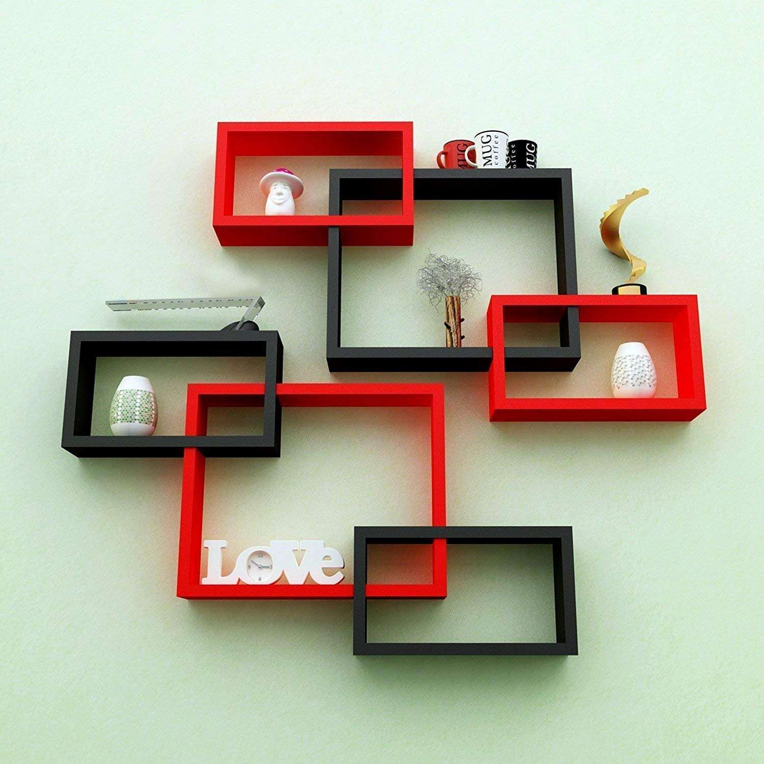 Home Design Mart MDF Rectangular Intersecting Wall Mounted Shelf Set of 6 (Standard, Red & Black) 3