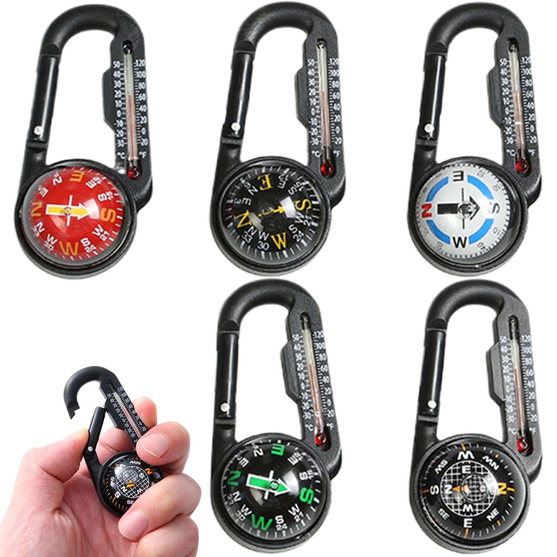 Compass Hiking Survival, 5pcs Waterproof Plastic Hiking Compass with Carabiner & Thermometer Clip, Pocket Compass Keychain for Outdoor Survival Camping 1