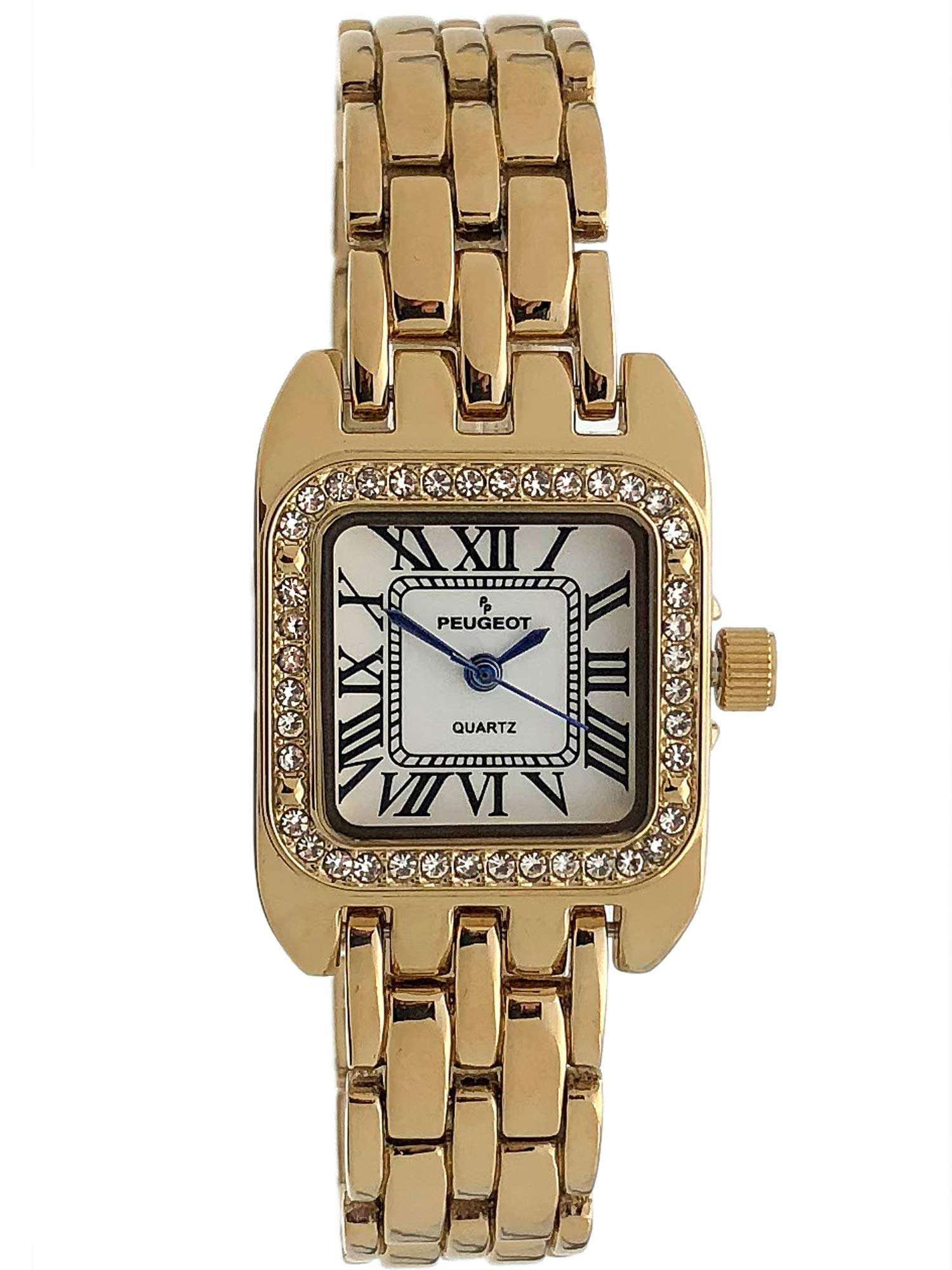 Peugeot Women's Tank Shape Watch with Panther Link Bracelet, Dress Watch with Crystal Bezel and Roman Numeral Dial