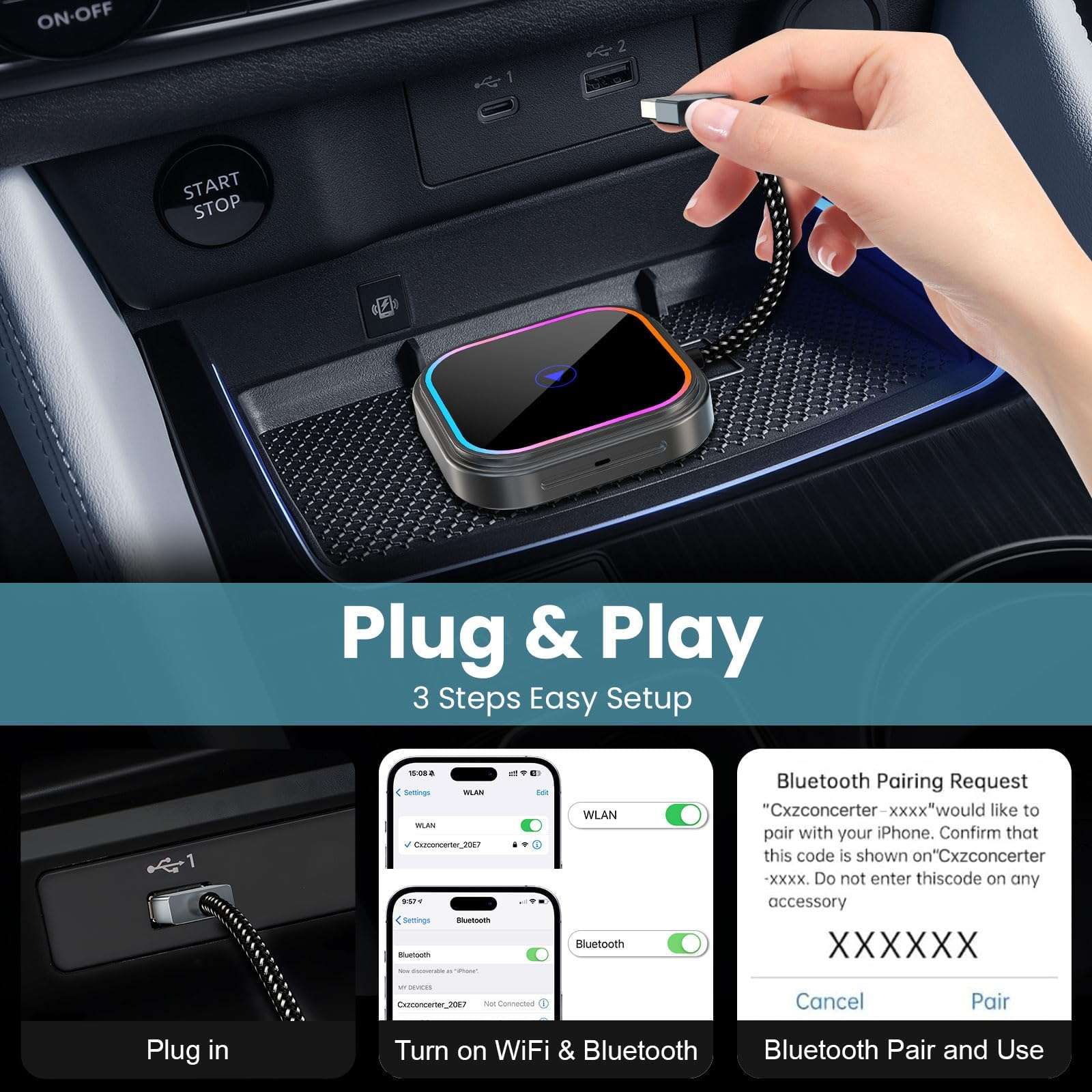 Wireless Carplay Adapter for Apple iPhone iOS 10+/Android/Outo Built-in CarPlay Cars,Converts Wired to Wireless Dongle Cars for Wireless Control Plug & Play Carplay from 2017 iOS 10+ to Screen w/USB C 6