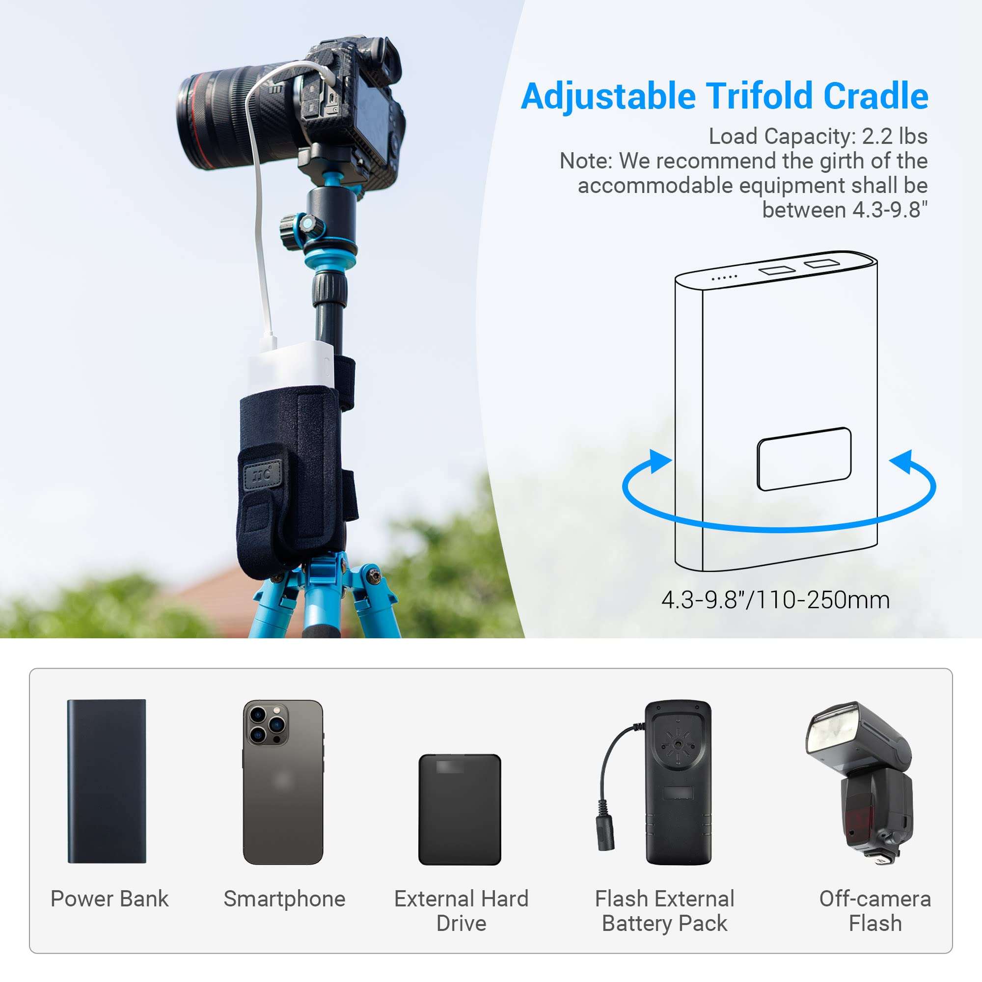 JJC Equipment Mounting Strap for Power Bank on Tripod for Long Time Photography,Remote/Off-Camera Flash Holder Strap for Photographer Videographer,Hard Drive/Computer Power/Smartphone Holder Strap 2