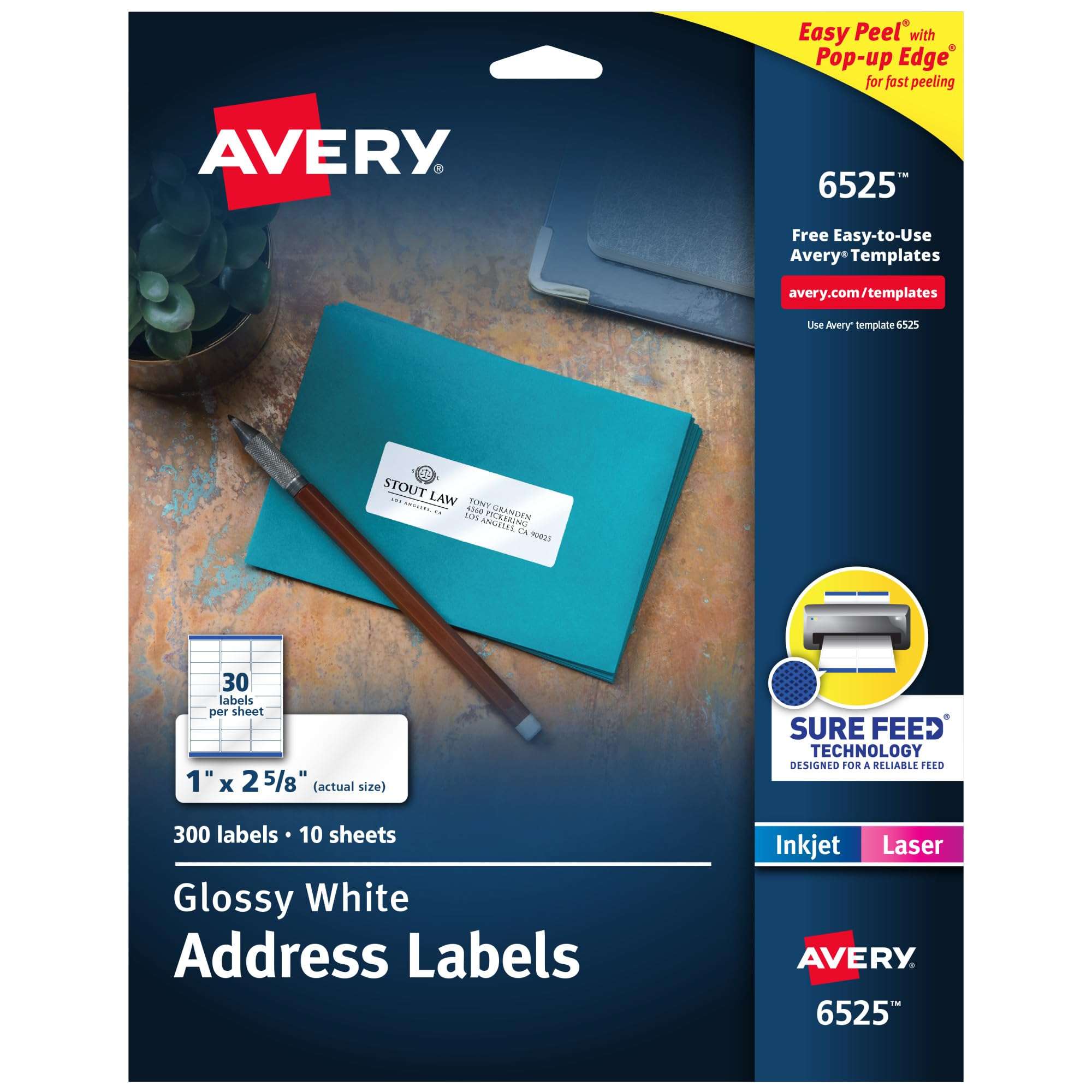 Avery Address Labels, Sure Feed and Easy Peel Technology, Glossy White Labels, 1" x 2-5/8", Permanent Adhesive, Laser/Inkjet, 300 Total (6525) 1