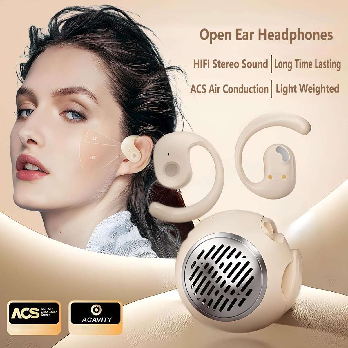 Wireless Open Ear Bluetooth Headphones, 2 in 1 open ear earbuds with Mini Portable Bluetooth Speaker,OWS Hanging Earphones, Air Conduction Over Ear Earbuds Out of Ear (2 in 1 With Speaker, Beige) 3