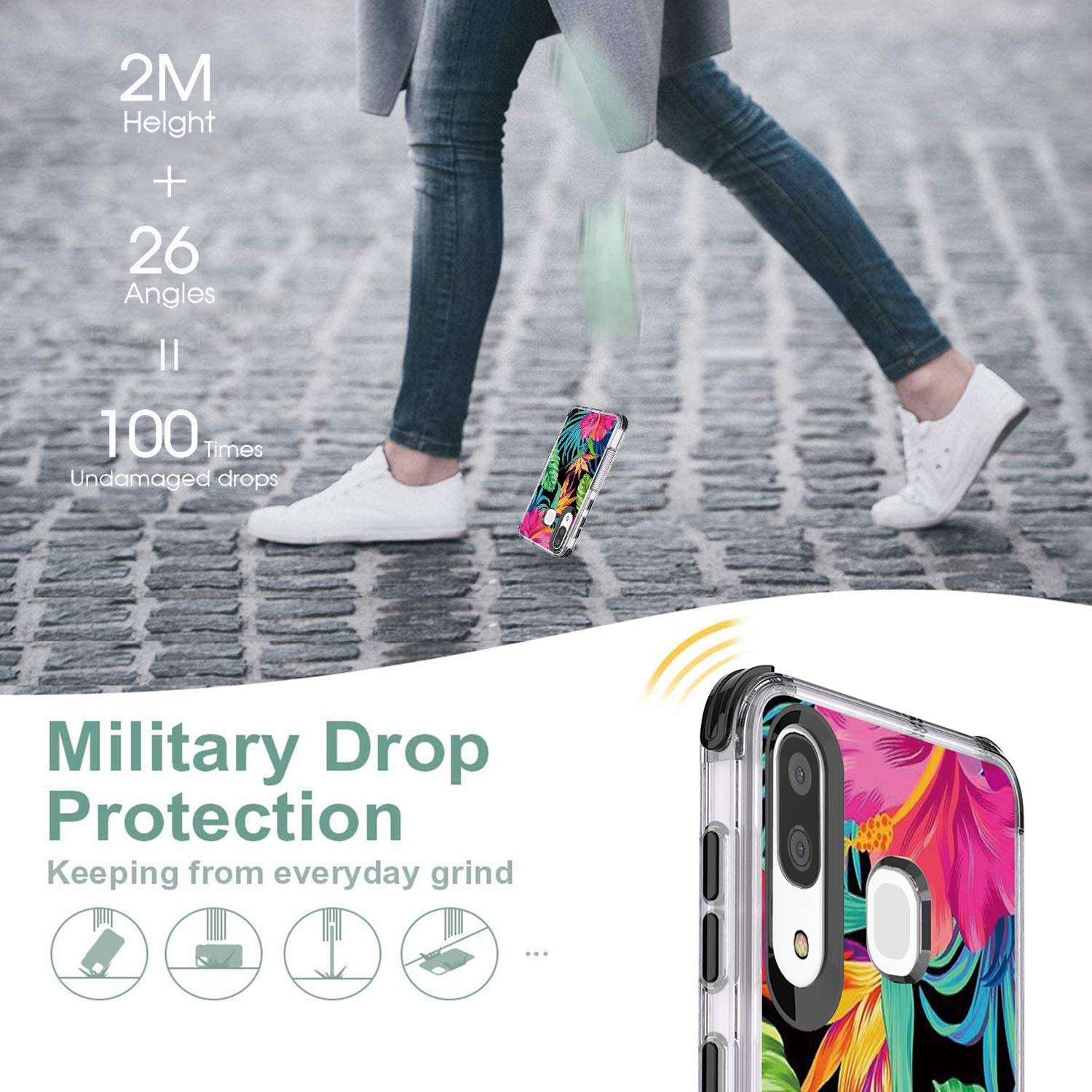 Savino for Samsung Galaxy A20, A30 A50 Phone Case, Lightweight Case with Galaxy A20, Galaxy A50 Tempered Glass Screen Protector Full Cover with Heavy Duty Corners Protection (Floral Black) 2