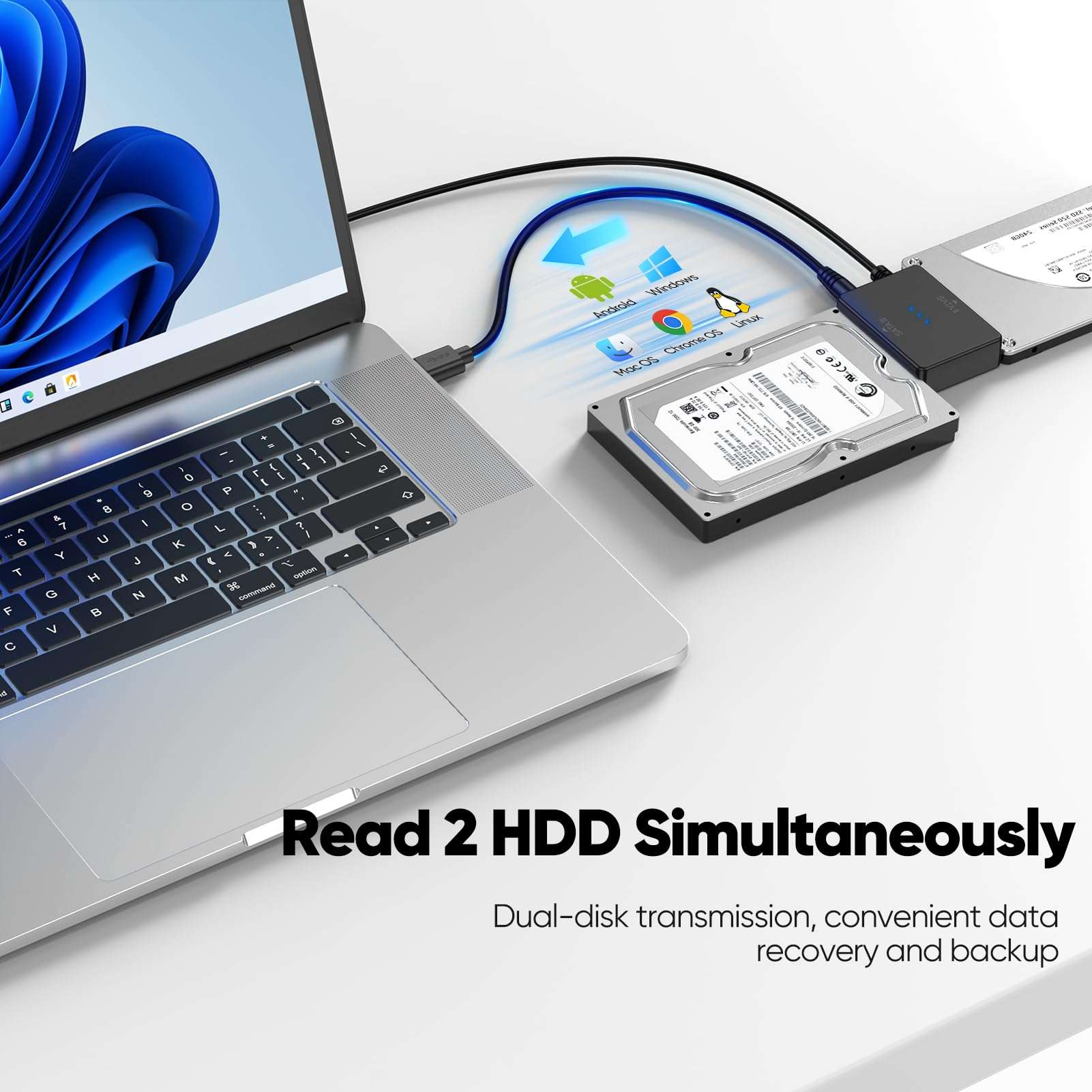 SATA to USB Adapter with Power Supply, Hard Drive Docking Station for 2.5'' SSD 3.5'' HDD Hard Disk, HDD Duplicator Data Transfer Recovery Converter Up to 20TB, Support UASP Seagate WD Toshiba 3