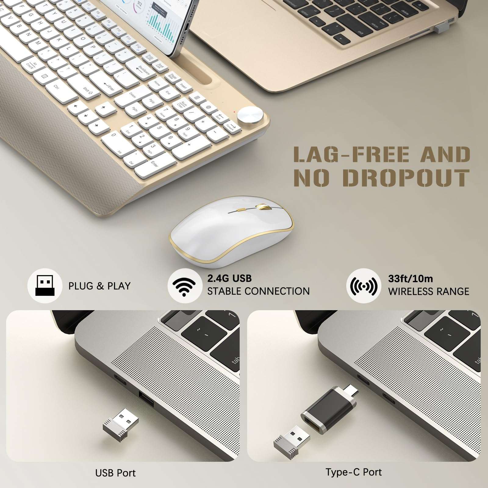 JOYACCESS Ergonomic Wireless Keyboard and Mouse Combo, Full-Sized Keyboard with Wrist Rest and Tablet Holder, Volume Roller for Computer PC Laptop-Gold&White 5