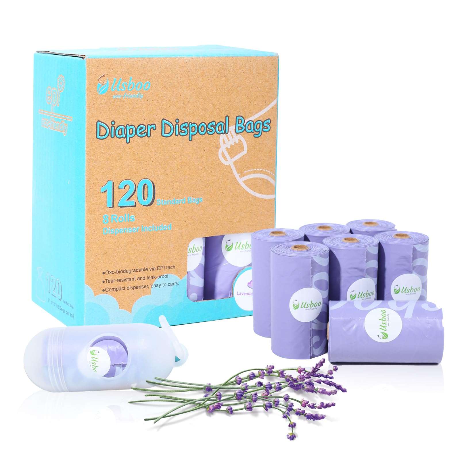 USBOO Disposable Diaper Bags for Baby | 8 Refill Rolls (120 Pack) | Lavender Scented | Baby Poop Bags with Dispenser | Essential for Travel and Quick Change on The Go 1