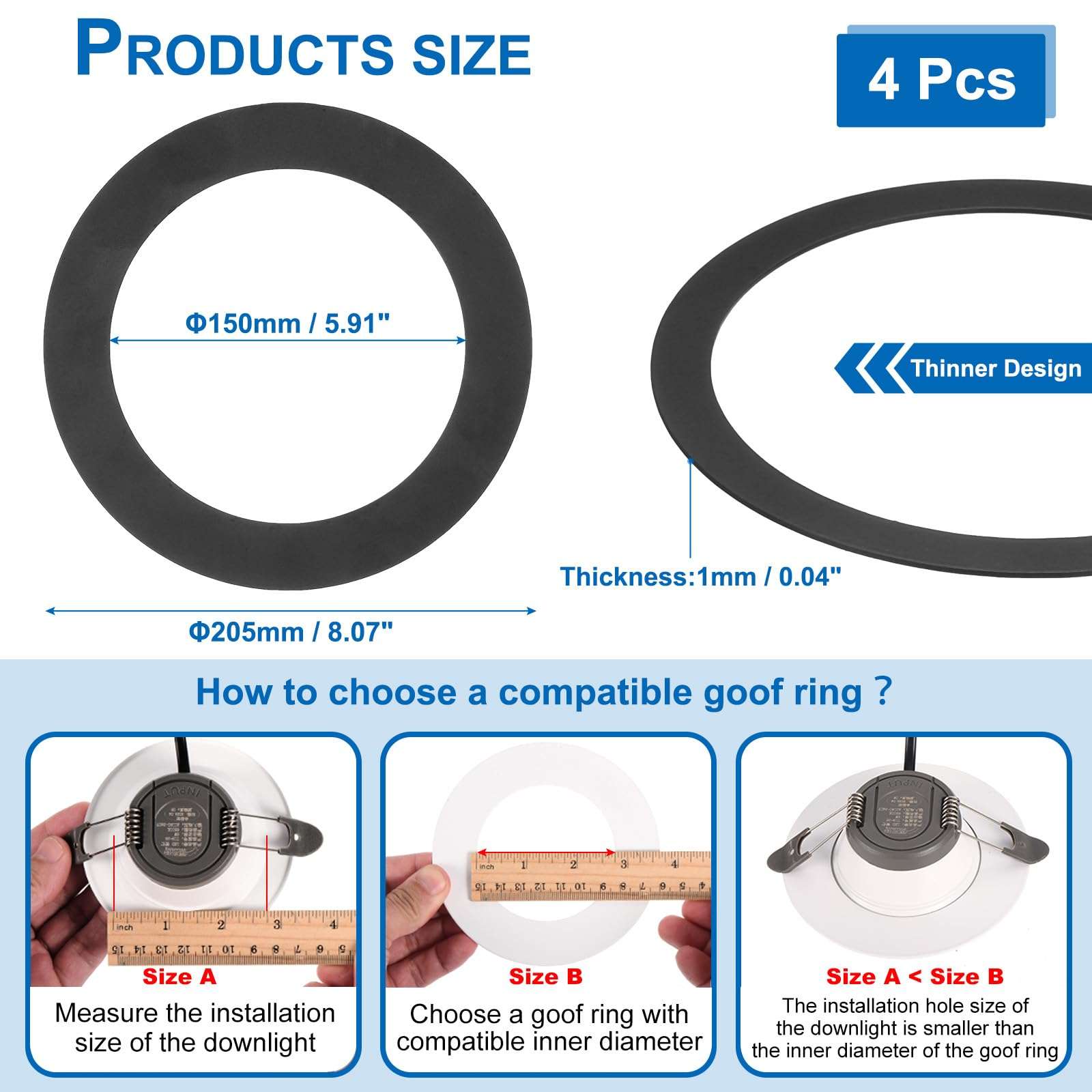 PATIKIL Goof Rings for 5-6" Inch Recessed Can Lighting Down Light, 4 Pcs Metal Goof Trim Rings Cover, Outer Diameter 8.07-inch, Inner Diameter 5.85-inch, Matte Finish Black，Flush Mount 3
