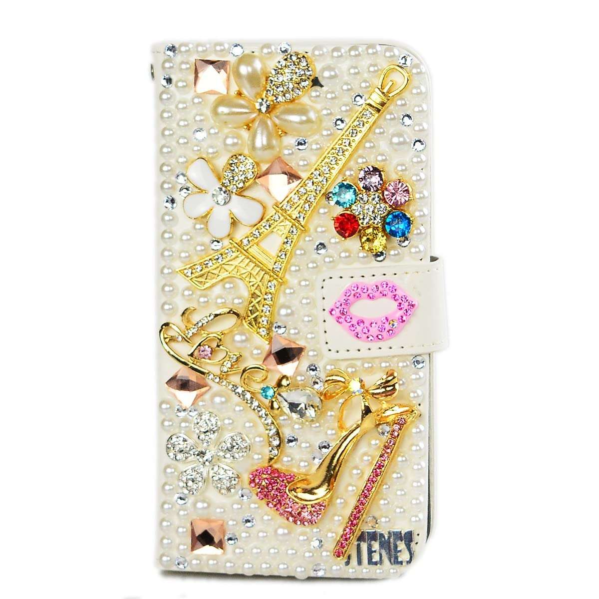 Fairy Art Crystal Wallet Case Compatible with iPhone 13 - Eiffel Tower High Heel - White - 3D Handmade Glitter Bling Leather Cover with Screen Protector & Beaded Phone Lanyard 1