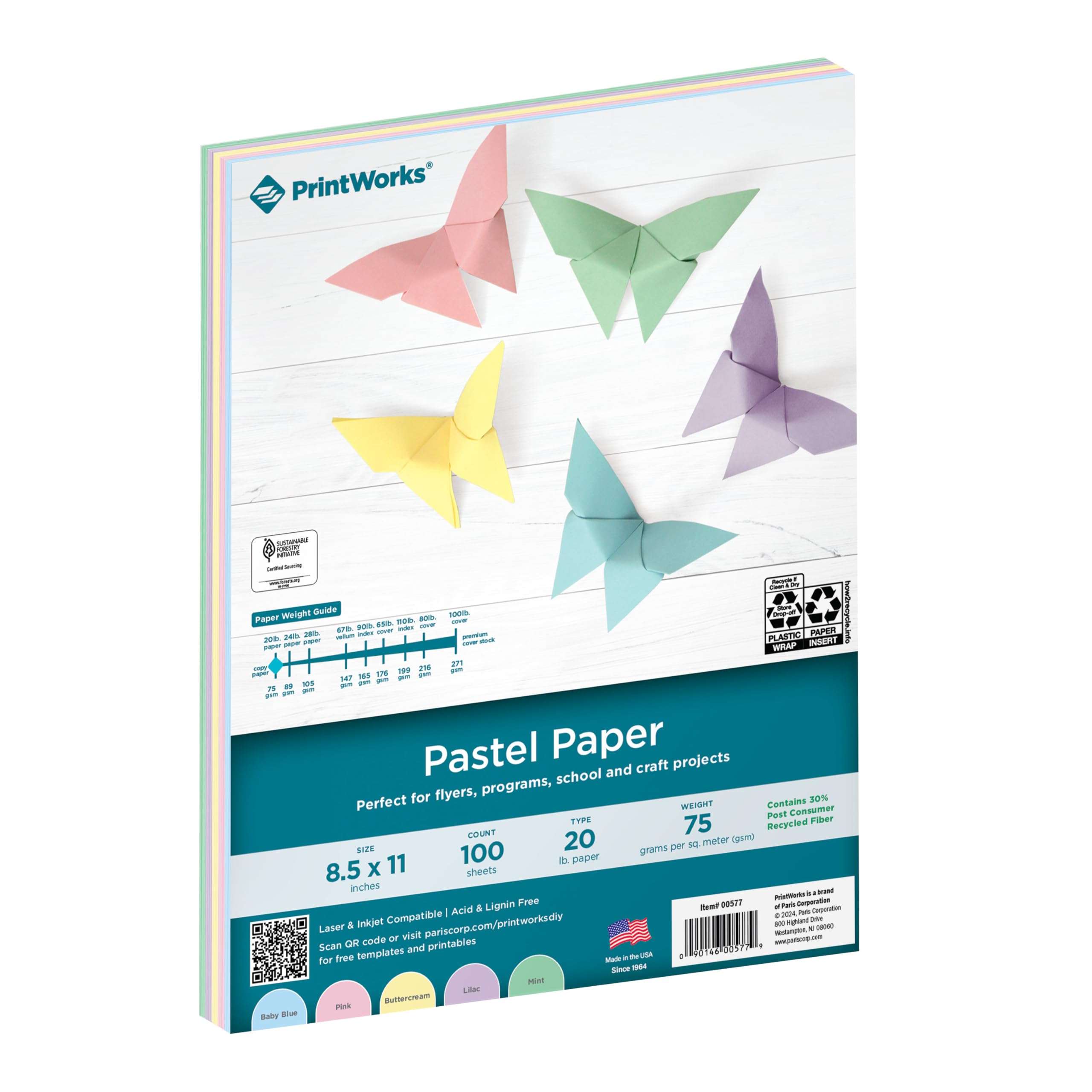 Printworks Pastel Paper, 20 lb, 5 Assorted Pastel Colors, 30% Recycled Color Printer Paper, SFI Certified, Perfect for School and Craft Projects, 100 Sheets, 8.5 x 11 Inch (00577) 1