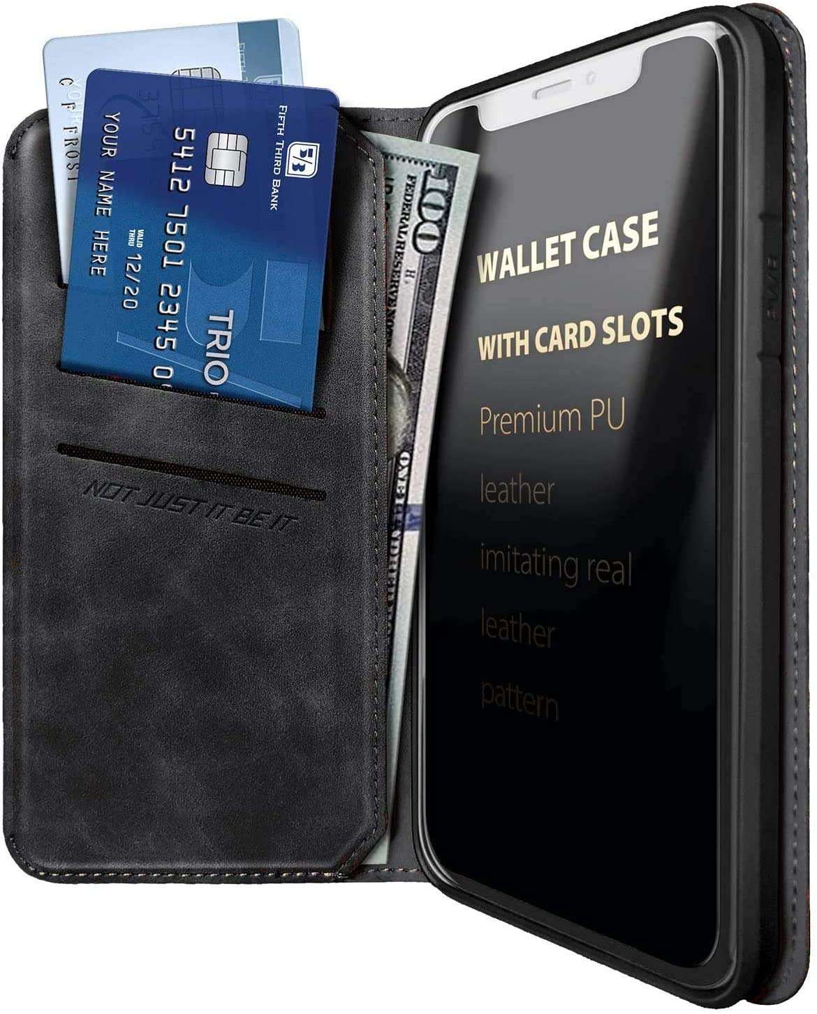 E-Began Wallet Case for LG K40 LMX420, LG Solo 4G LTE L423DL/K12 Plus/X4 2019/Xpression Plus 2 (AT&T)/Harmony 3, Credit Card Holder, Kickstand Feature Premium Leather Folding Flip Case -Black 5