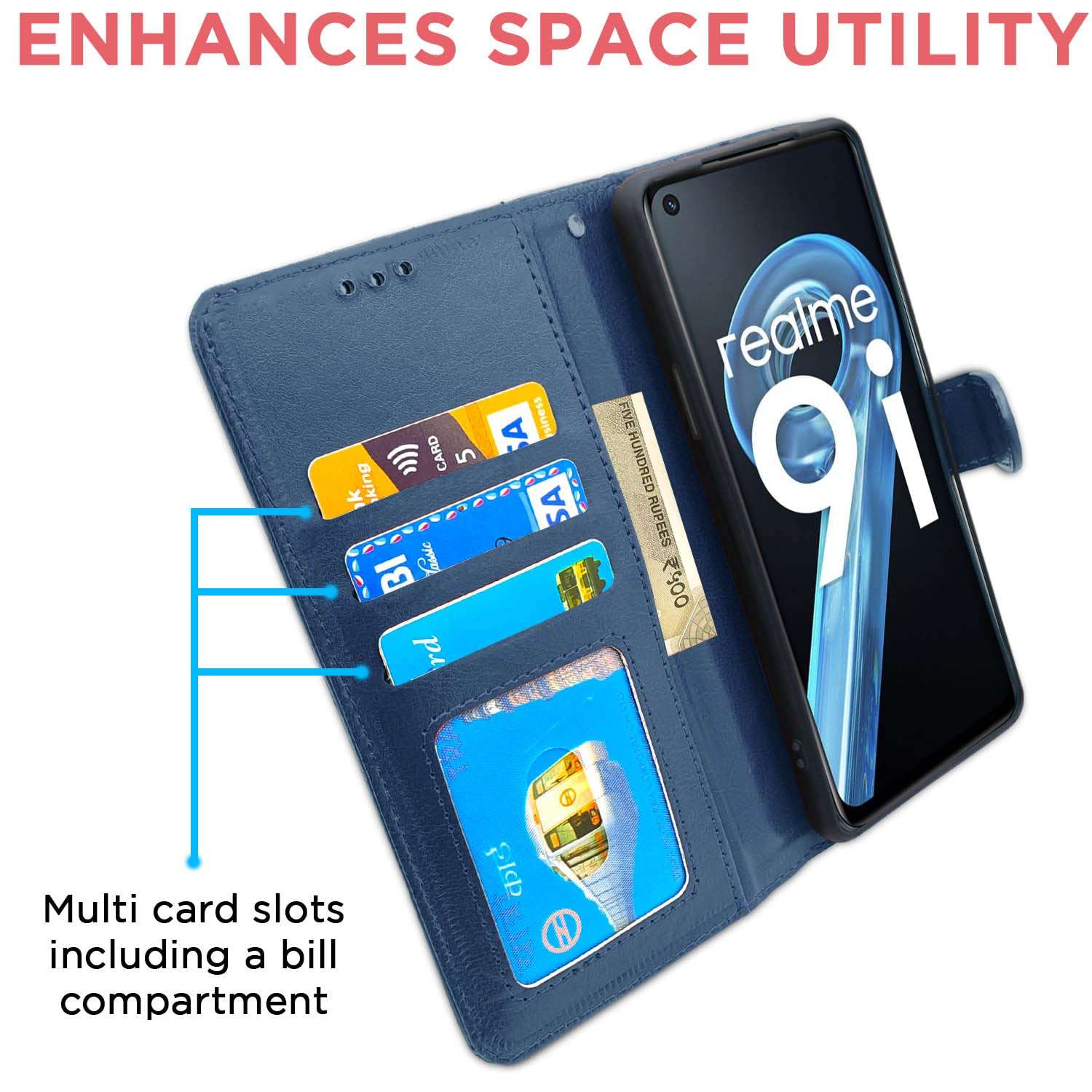 Pikkme Realme 9i Flip Case Leather Finish | Inside TPU with Card Pockets | Wallet Stand and Shock Proof | Magnetic Closing | Complete Protection Flip Cover for Realme 9i (Blue) 4
