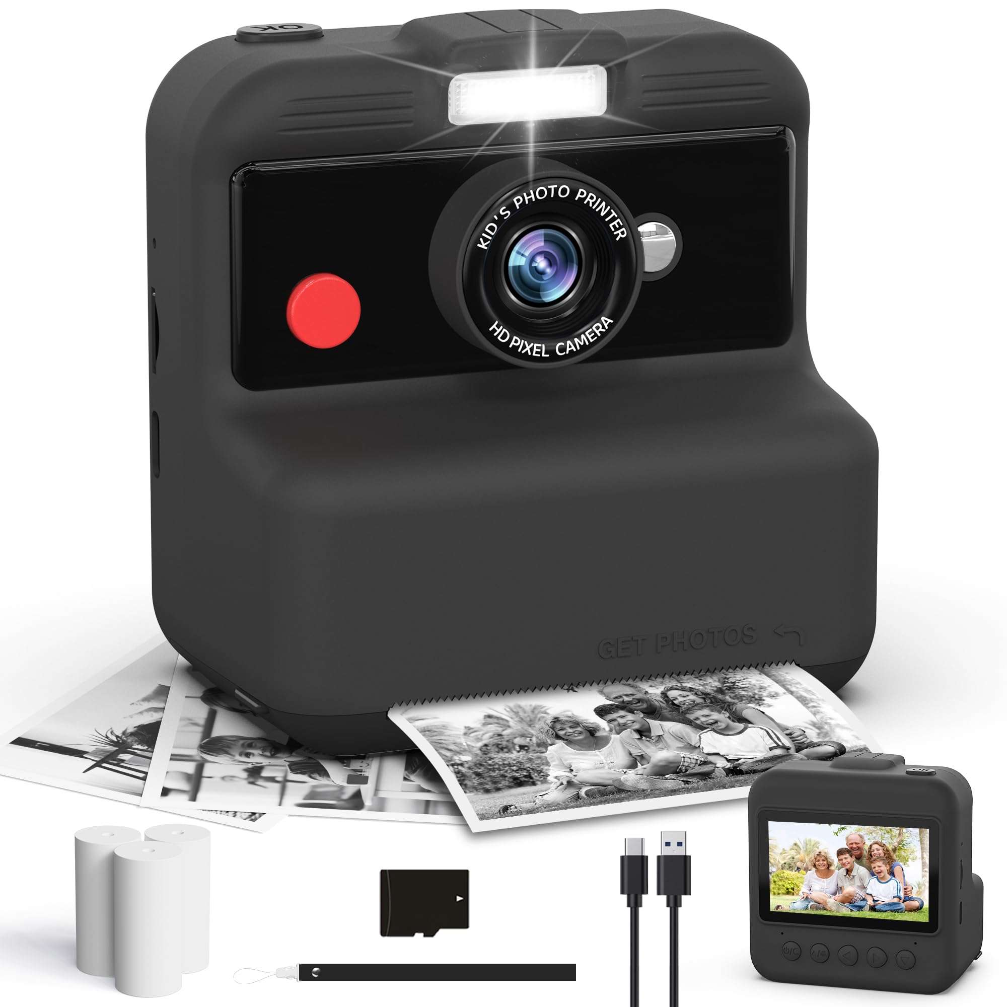 Kids Camera Instant Print, 48MP/2.5K UHD Kids Instant Print Camera, Christmas Birthday Gifts for Girls and Boys, 3.0" Screen with Print Paper & 32G Card, Toddler Toy for Age 3-14 (Black) 1