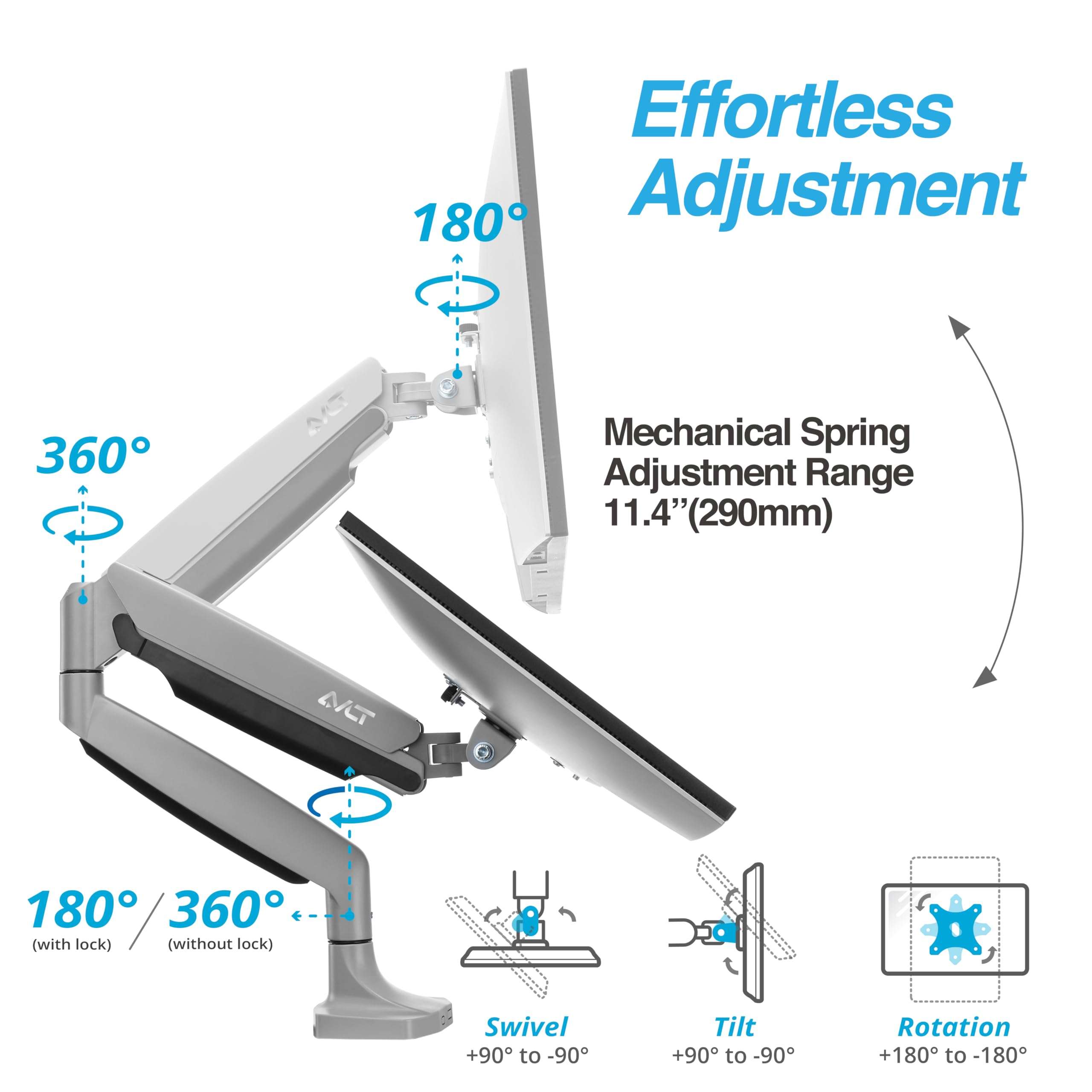 AVLT Single 17"-45" Monitor Arm Desk Mount Premium Mechanical Spring fits One Flat/Curved/Ultrawide Monitor Full Motion Height Swivel Tilt Rotation Adjustable, Gray 3