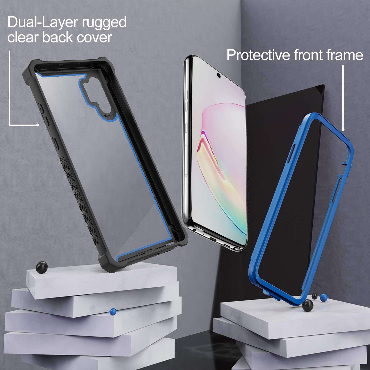 KSELF Case for Samsung Galaxy Note 10 Plus Case with Screen Protector, Full Body Protective Hybrid Dual Layer Shockproof Acrylic Back Case Cover for Galaxy Note 10 Plus 5G 6.8 inch (Black Blue) 3
