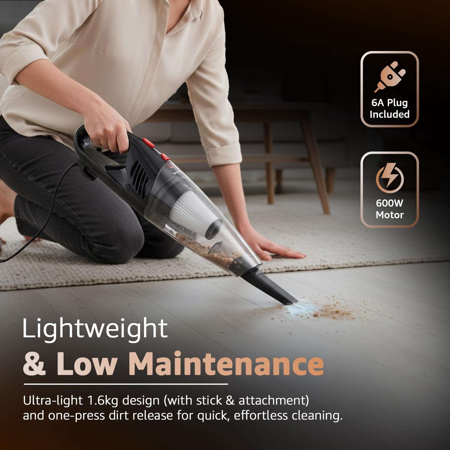 Amazon Basics - 2-in-1 Convertible Stick Vacuum Cleaner | 600W | 5 Attachments Included | Bagless Washable Filter, Strong Suction | 4.9 m Cord | 0.8 L Capacity | 12.5 kPa Suction | 103L*10.5W*12.5H cm 5