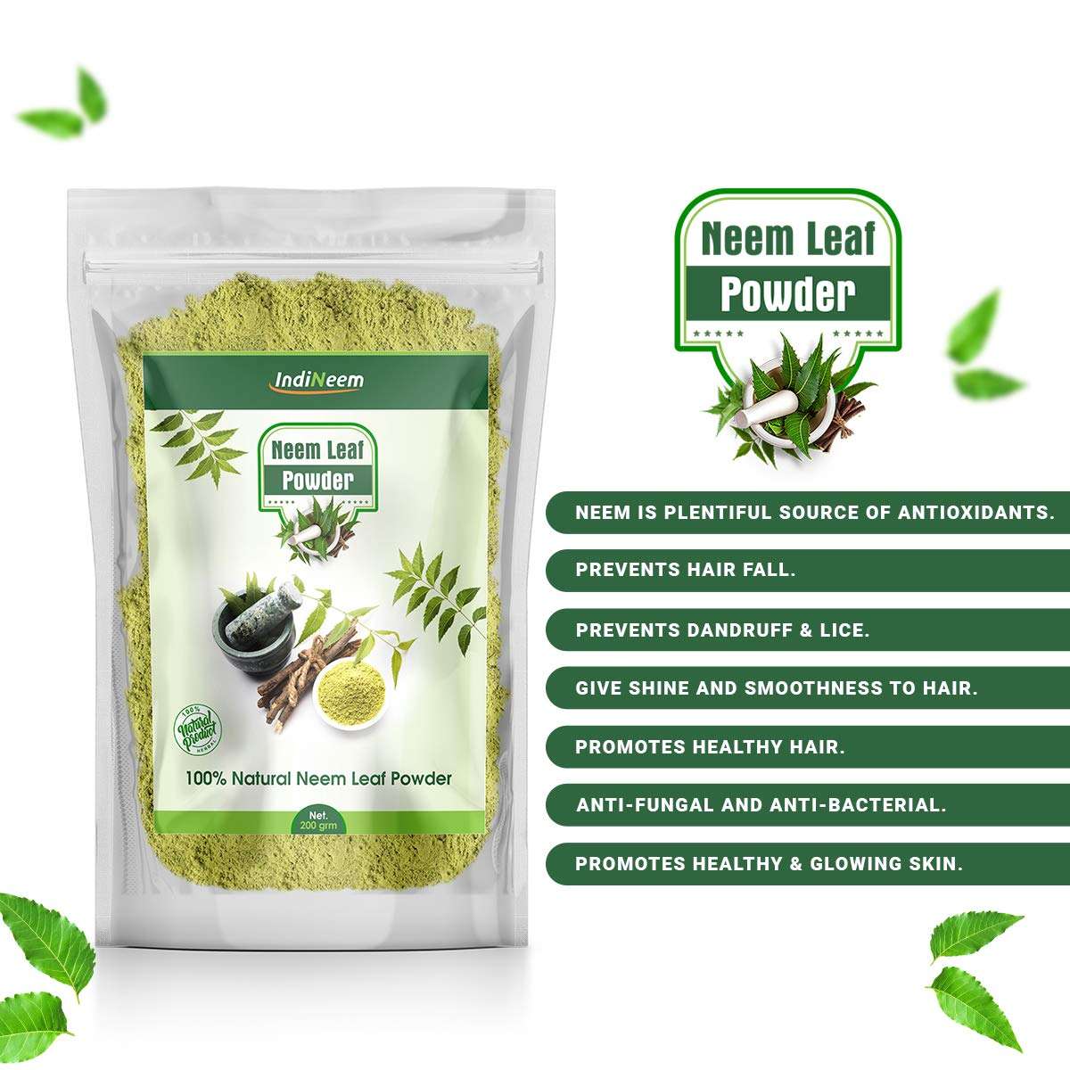 IndiNeem Neem Leaf Powder for Skin, Hair, Acne, Dandruff and Hair Growth | Natural Organic Neem Leaf/Leaves Powder | For smooth, strong and Shiny Hair | Helps to treat Acne, Blemishes | Skin Nourishing Properties | 100 grams Pack 5