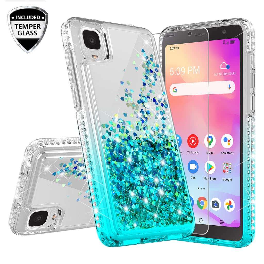 SPYCASE Liquid Glitter Phone Case for TCL ION Z / T501L / T501C Case w[Tempered Glass Screen Protector] Bling Diamond Girls Women- Aqua/Clear 3