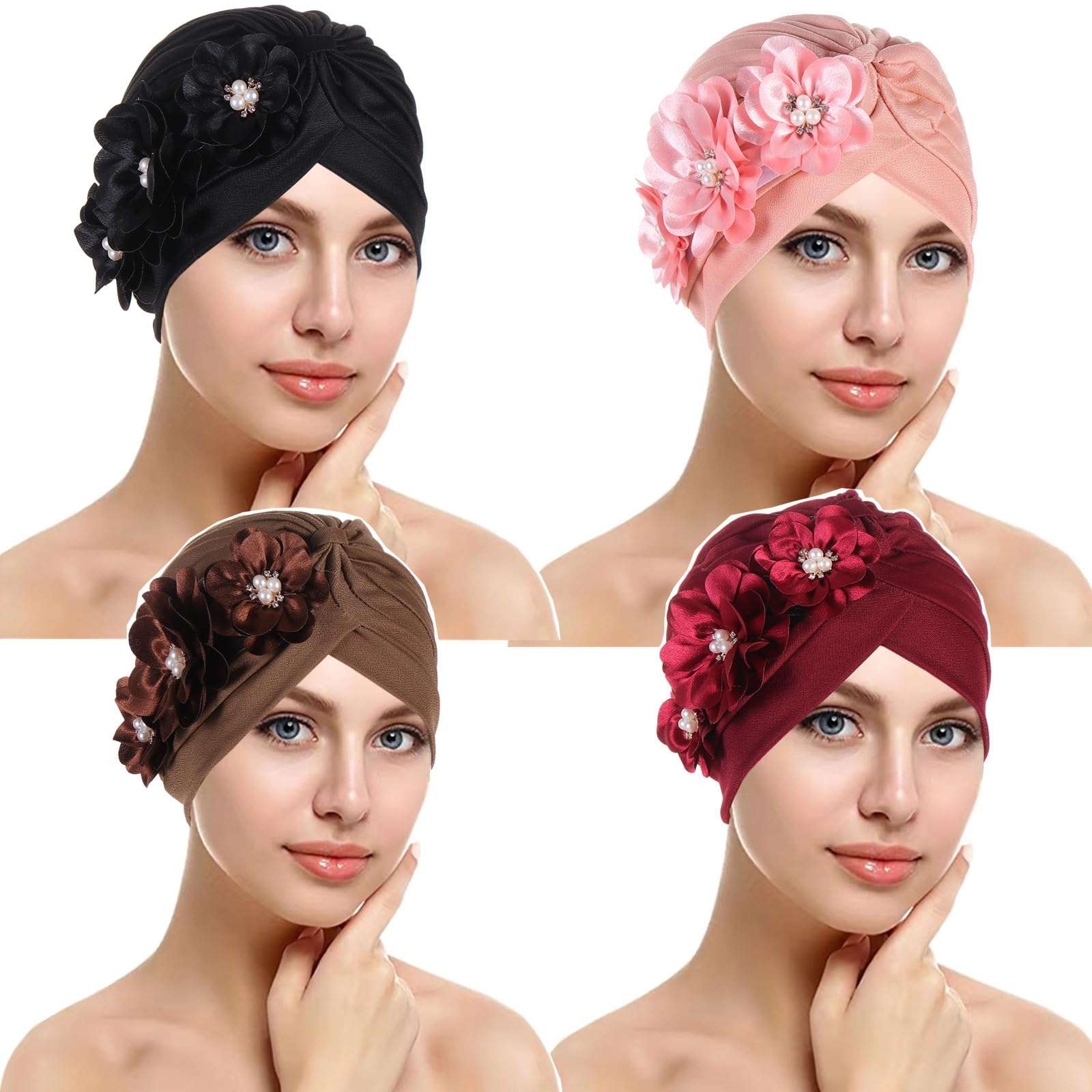 2 Pieces Womens Turban Three Flower Plicate Caps Vintage Beanie Headscarf Bonnet Elastic Headwrap Hat 1