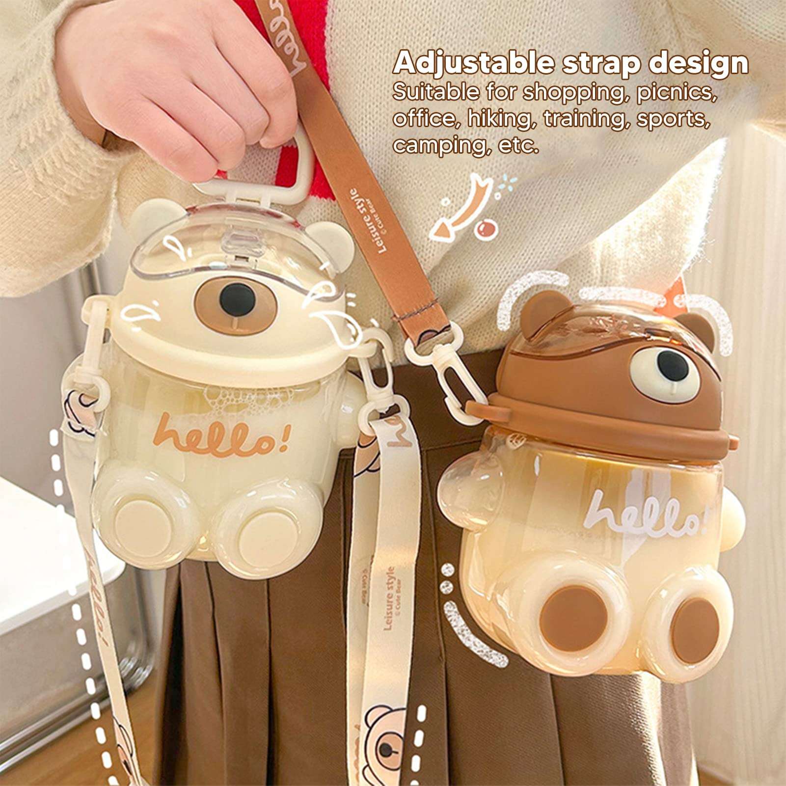 Bear Water Bottle, Kawaii Safe 700ml Hiking Plastic Water Bottle Cute Water Bottles Water Bottle with Strap Kids Water Bottles Kawaii Water Bottle for School Sports Camping Picnic(Coffee) 3