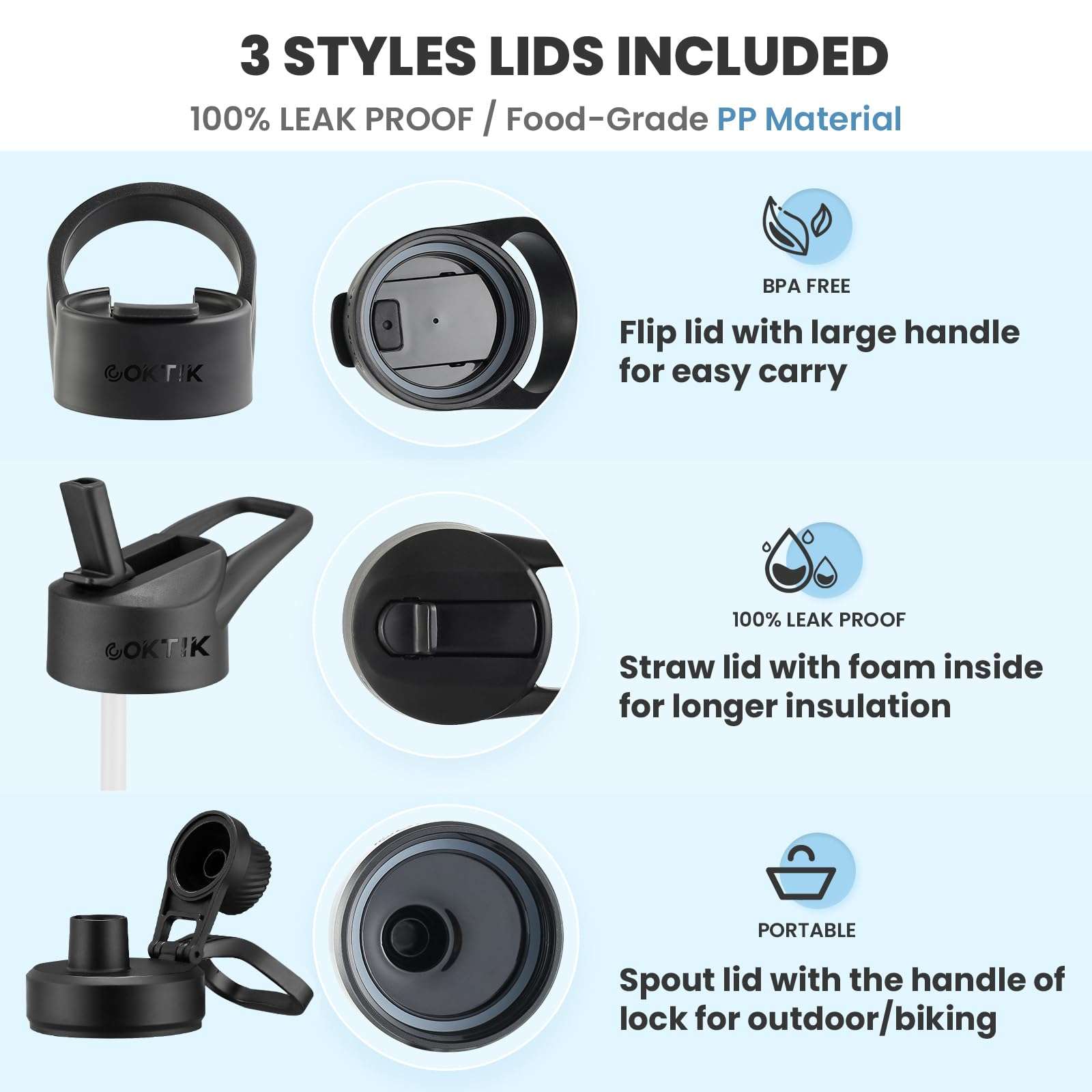 COKTIK Insulated Stainless Steel Water Bottle With Straw Lid, 22 oz Wide Mouth Double Wall Vacuum Insulated Water Bottle Leakproof Lightweight for Hiking, Biking, Running(Gray Gradient) 5