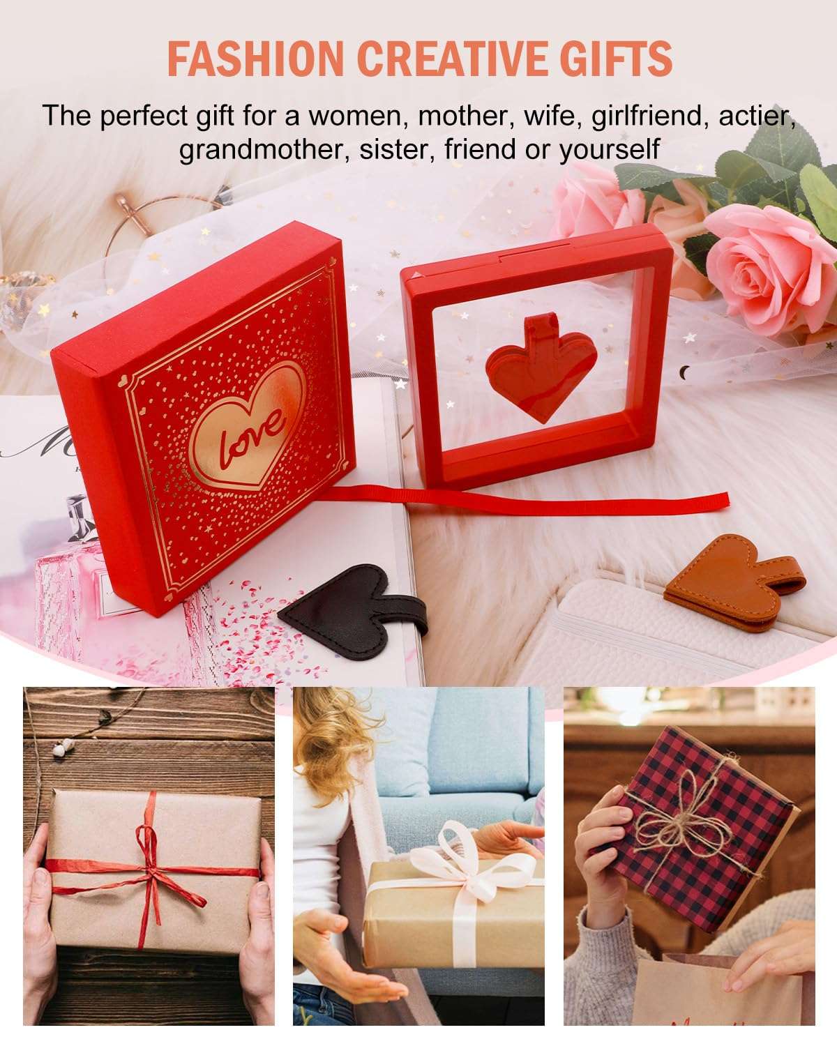 3Pcs Heart-Shaped Magnetic Leather Bookmarks - Romantic Heart Bookmarks, Faux Leather Book Mark with Double-Sided Magnets, Love Gifts for Women, Students, Reading Lovers (Red+Black+Brown) 6