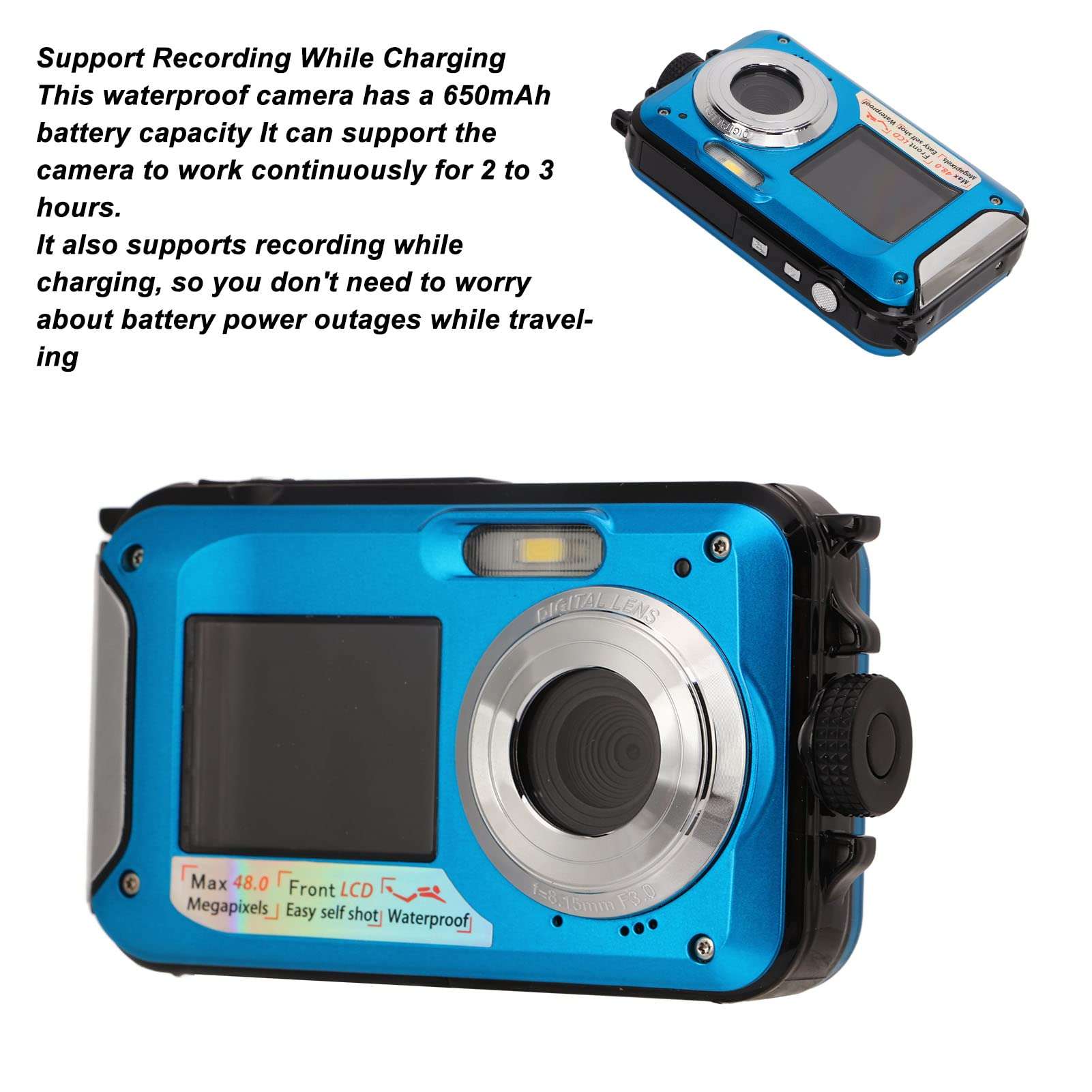 Boxwizard Full HD 2.7K 48MP 10ft Waterproof Underwater Digital Camera 16X Digital Zoom Front Rear Double Screens Waterproof Digital Camera (Blue), Boxwizardzakner1730-13 4
