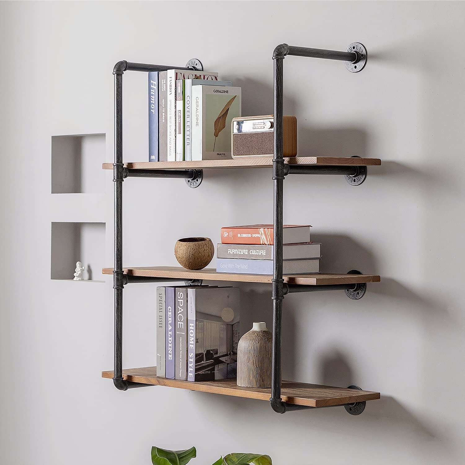 DOFURNILIM Industrial Rustic Wall Wood Pipe Ladder Floating Shelves - DIY Modern Storage Shelving Bookshelf for Bathroom Kitchen Office Home – Steampunk Bookcase (Floating Ladder shelves-51.18“W) 1