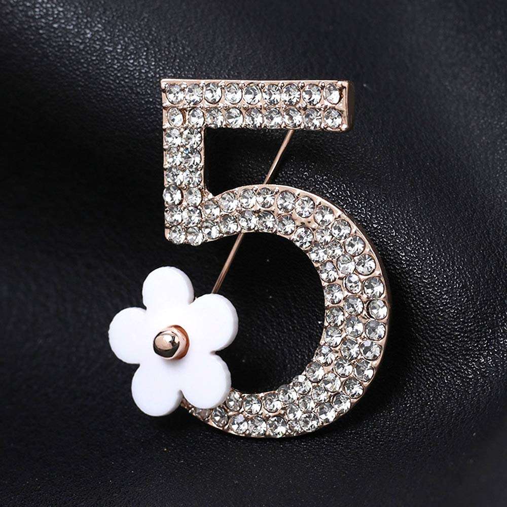WLLAY Bling Crystal Lucky Number 5 with Charm Black Flower Brooch Pin Clothes Lapel Pin Breast pin (rose gold-tone-white) 4