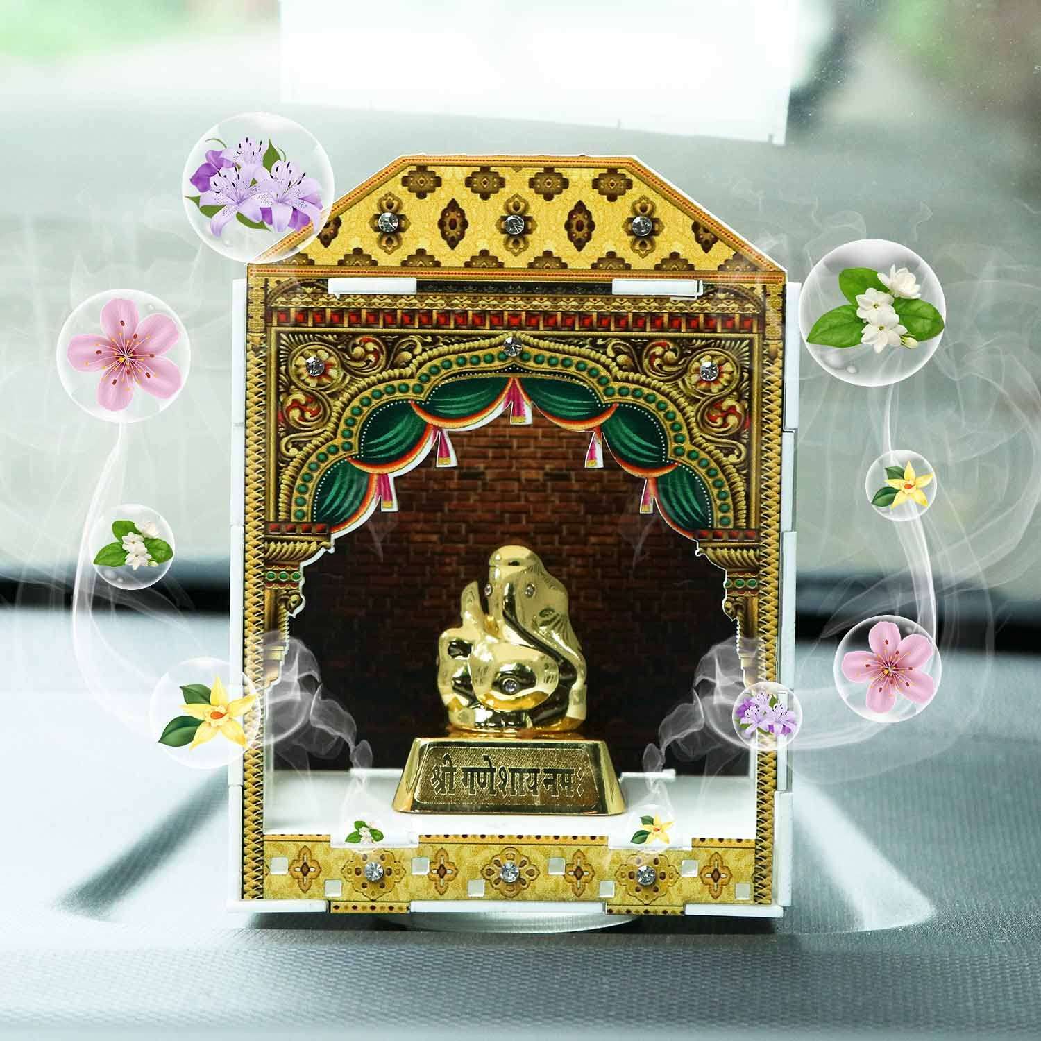 VPLLEX Car Temple for Dashboard | Temple with Essential Oils | Religious Gift | Wooden Temple | Mandir | Fragrances with Temple | Car Showpiece | Car Interior Decoration (Printed_Sandalwood) 3