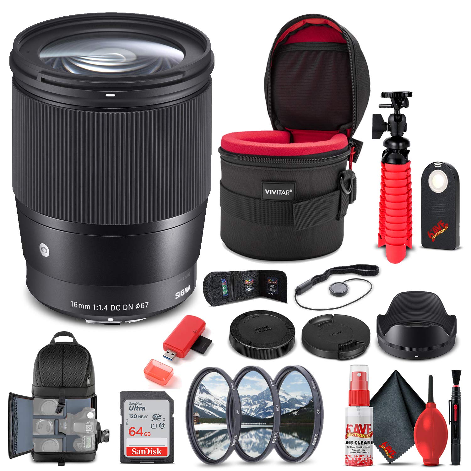 Sigma 16mm f/1.4 DC DN Contemporary Lens for Micro Four Thirds (402963) Bundle + Backpack + 64GB Card + Lens Case + Card Reader + 3 Piece Filter Kit + Cleaning Set + Flex Tripod + More