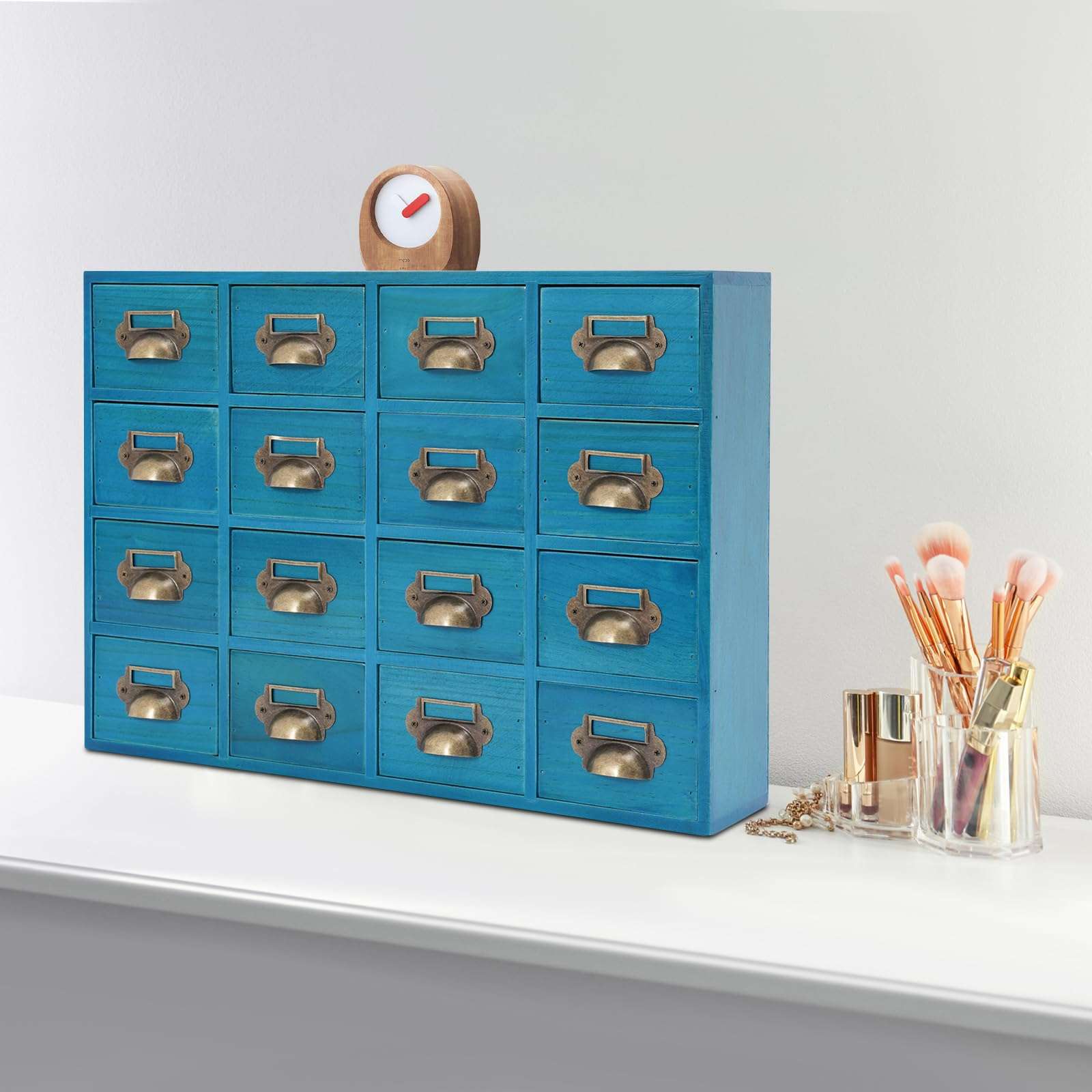 16-Drawer Wood Desk Organizer, Desktop Drawer Tabletop Storage Organization Box with Label Slot for Home Office Boutiques Pharmacies, No Assembly Required, 19.69 * 3.94 * 13.78in (Blue) 5