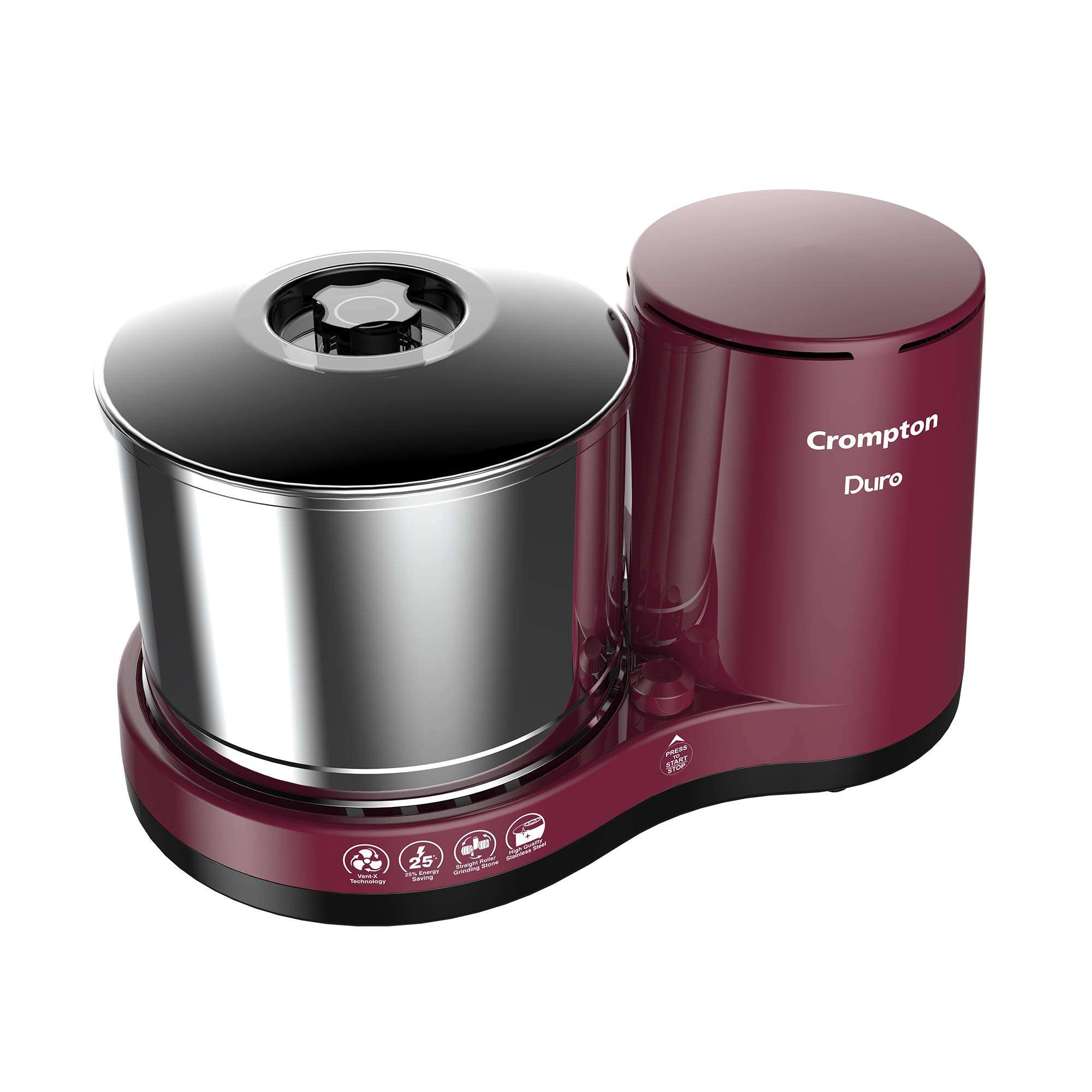 Crompton Duro 2-L Wet Grinder with Motor Vent-X Technology 1 Jar with Coconut Scrapper and Atta Kneader Accessories (Cherry Brown) 1