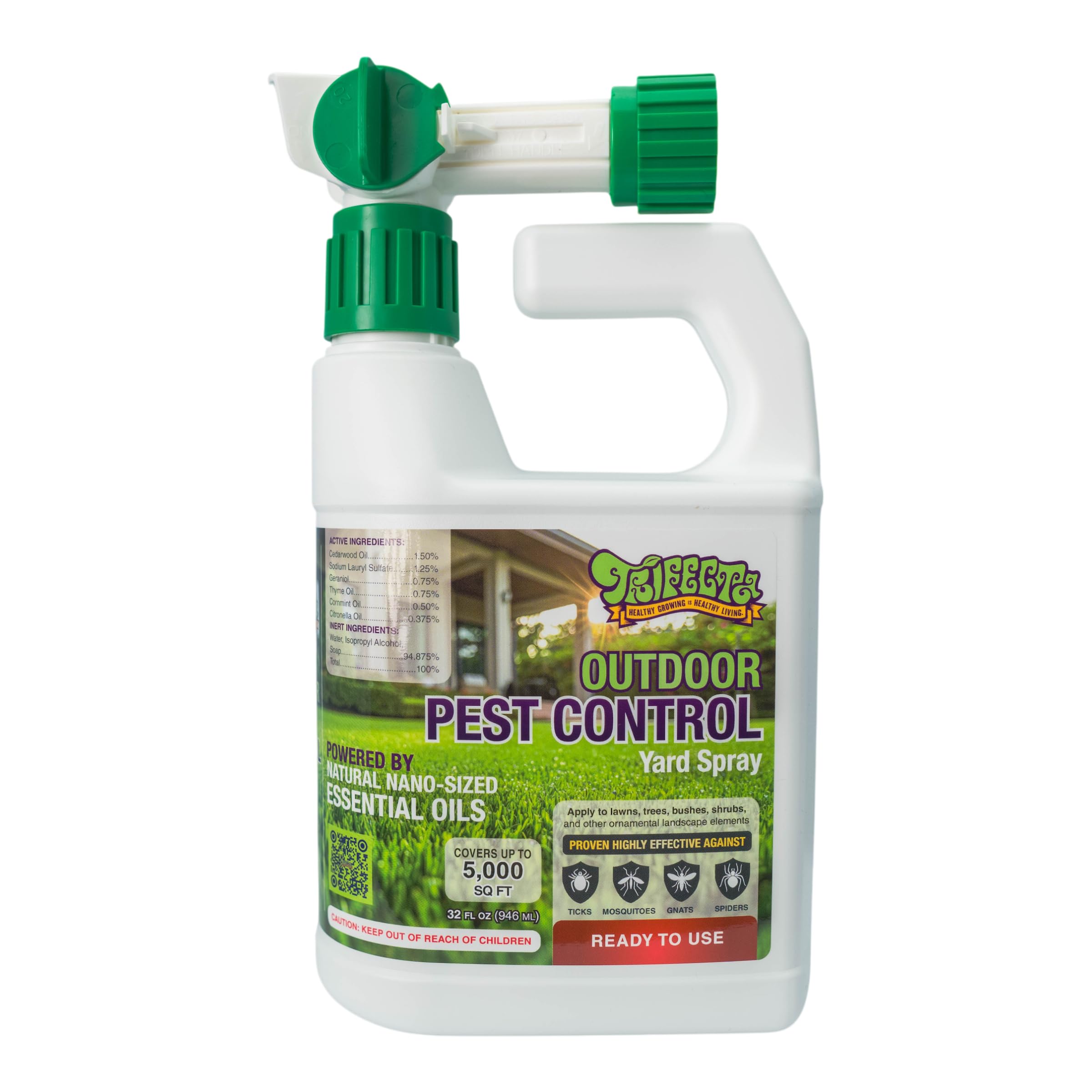 Trifecta Outdoor Pest Control | Natural Mosquito Repellent, tick, gnat, & Mosquito Backyard Control | Pet & Kid Safe | Hose-End pest Control Spray for Lawns, Trees, Bushes, Patios & More (32oz RTU)