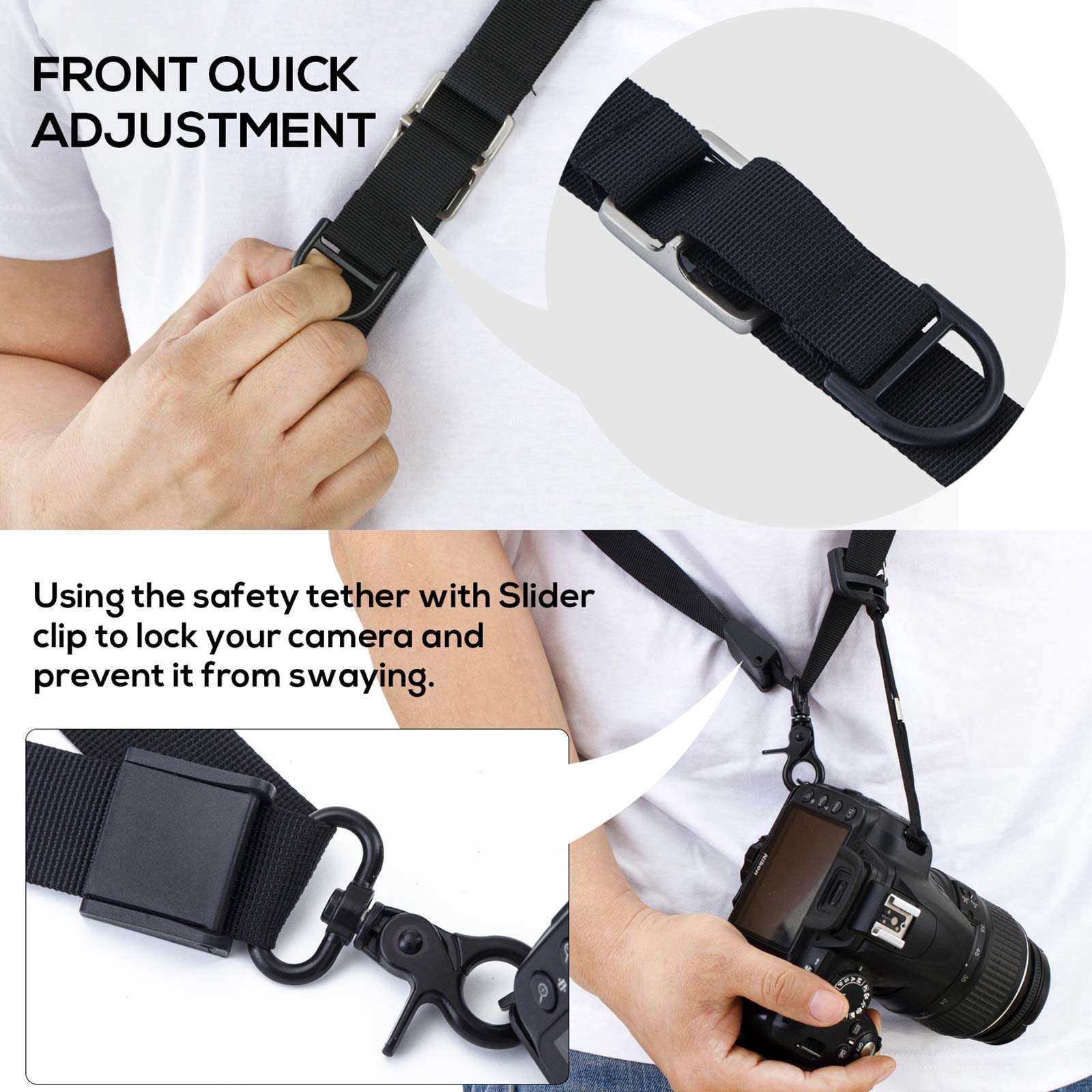 Waka Rapid Camera Neck Strap with Quick Release and Safety Tether, Adjustable Shoulder Sling Strap for Nikon Canon Sony Olympus DSLR - Black 4