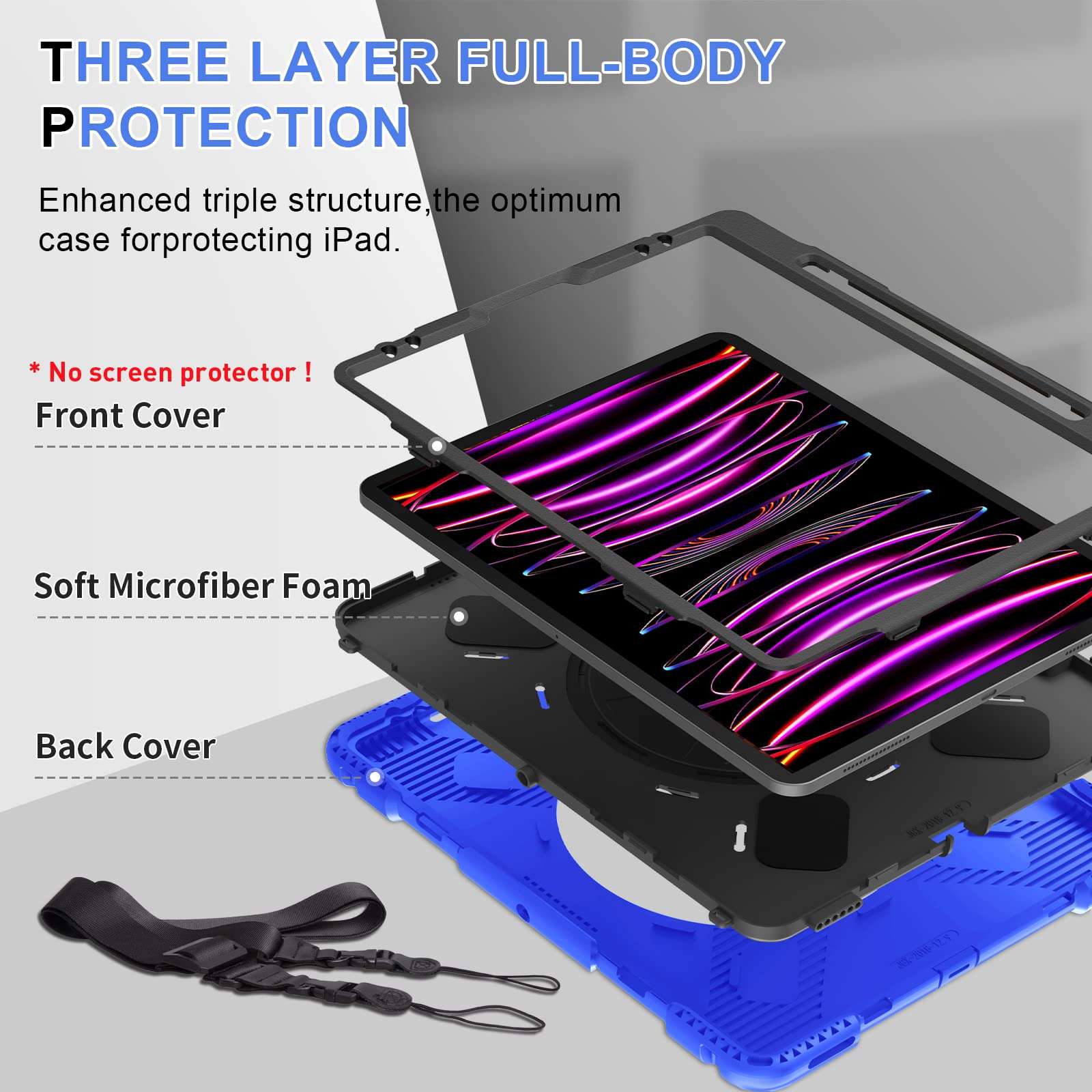 SUPFIVES Case for iPad Pro 12.9 2022 6th Generation: Upgraded Military Grade Shockproof Protective Silicone Cover for iPad 12.9 Inch 5th Gen 2021-Pencil Holder-Handle-Shoulder Strap-Kick Stand-Black 5