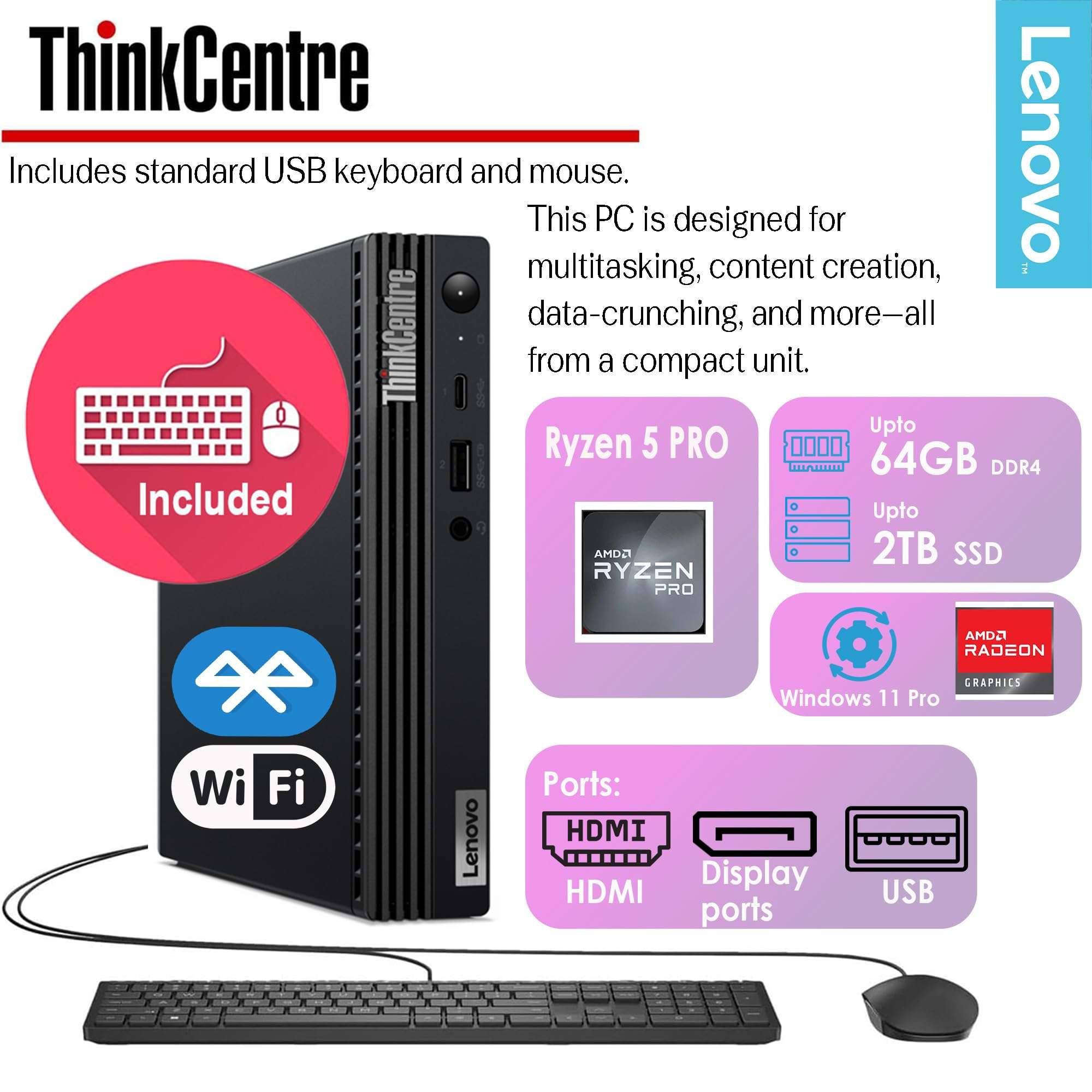 Lenovo ThinkCentre Mini Computer, 16GB RAM & 512GB SSD, AMD CPU, Dual-Display Support, Wi-Fi, Bluetooth, USB Ports, Ethernet Port, w/o Keyboard&Mouse, Windows 11 Pro, for Business&Home 3