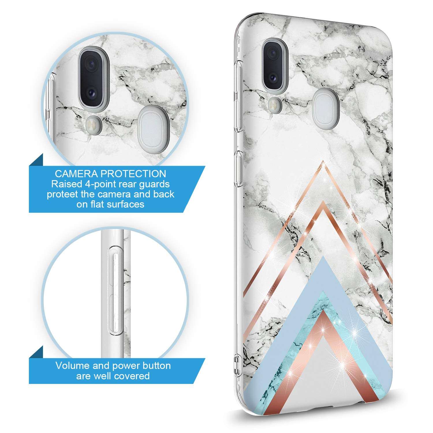 GORGCASE Case Design for Samsung Galaxy A20, Galaxy A30, Slim Anti-Scratch PC Armor TPU Bumper Shock-Proof Cute Sparkle Bling Girls Women Protective Cover Marble White Design 2