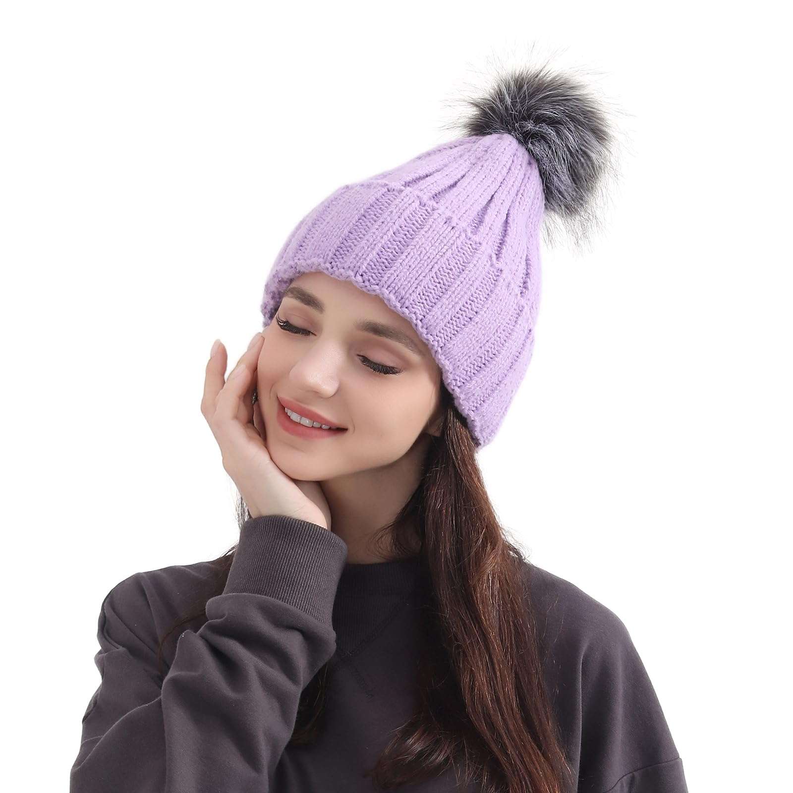 Winter Wear Lined Purple Beanie for Women Warm Winter Hats Cap for Womens Girl Soft Pom Pom Hat, Birthday for Women. (Purple) 3