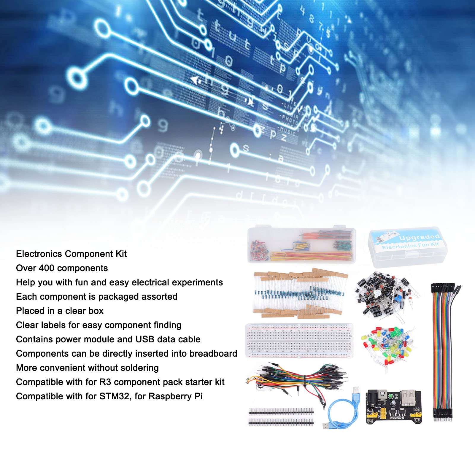 Electronics Fun Kit Electronics Component Kit Starter Fun Assortment with Power Supply Module, Jumper Wire, Precision Potentiometer, 830 tie Points Breadboard for R3 3