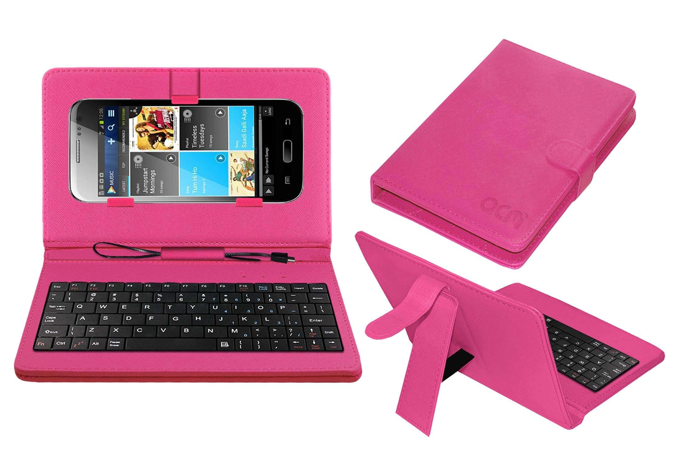 ACM Keyboard Case Compatible with Karbonn Smart A25 Mobile Flip Cover Stand Plug & Play Device for Study & Gaming Pink