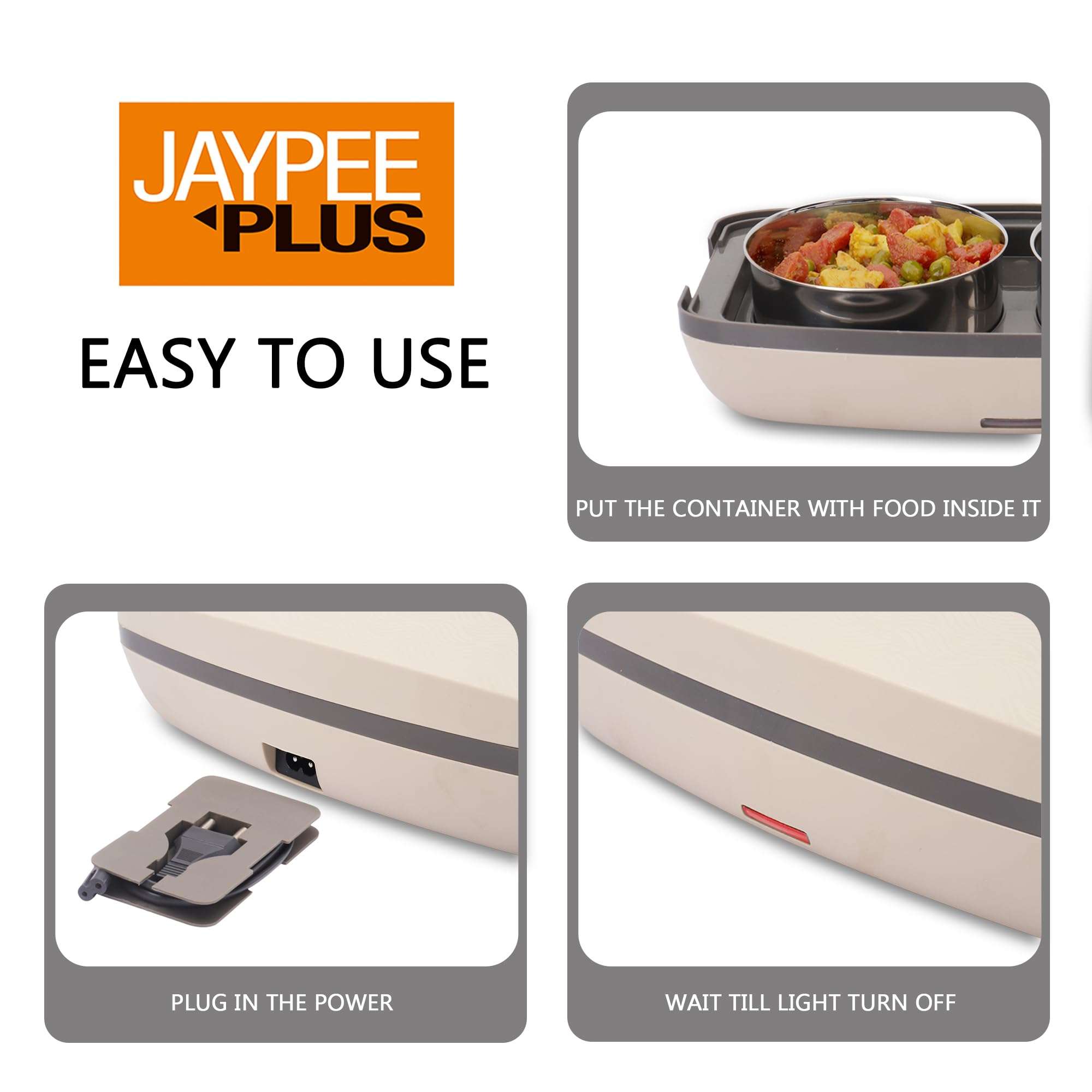 Jaypee Plus Hotpot Electric Lunch Box with 2 Removable Stainless Steel Containers 250 ml x2 with Power Cord |Air Vent on Lid |Leakproof Silicon Seal|LED Indicator |Shockproof | Beige 6