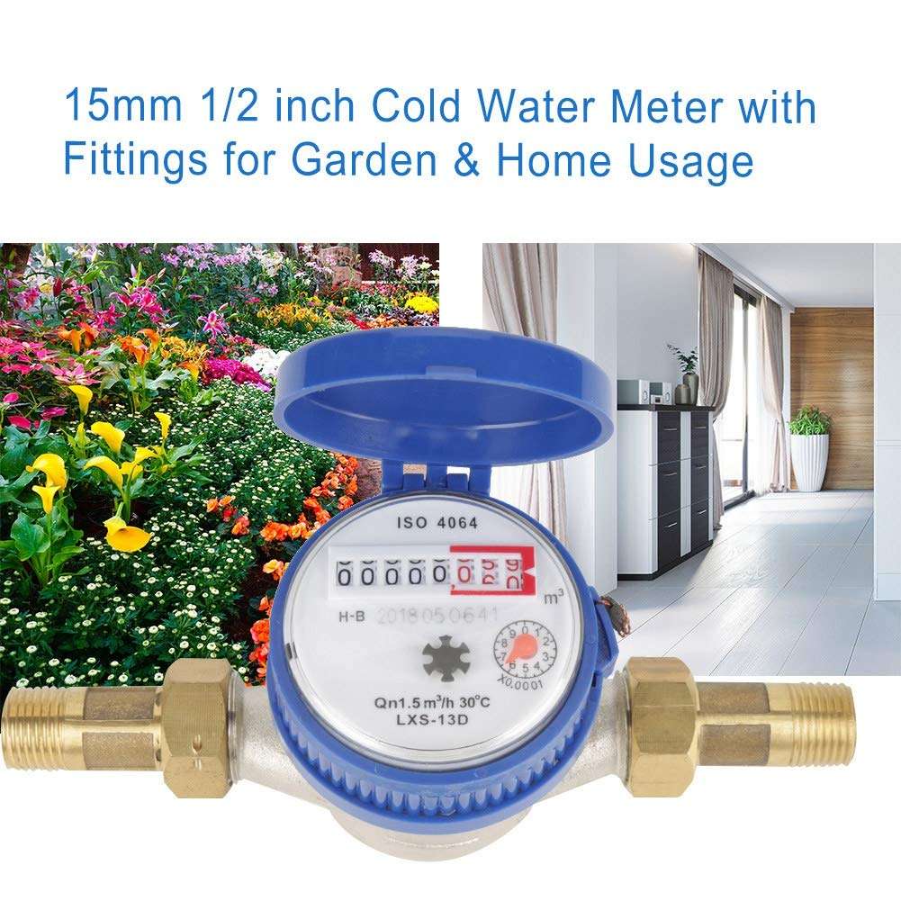 15mm 1/2 inch Cold Water Meter,Water Fow Meter,Water Flow Dry Table Measuring Tool with Free Fittings for Garden & Home Usage 2