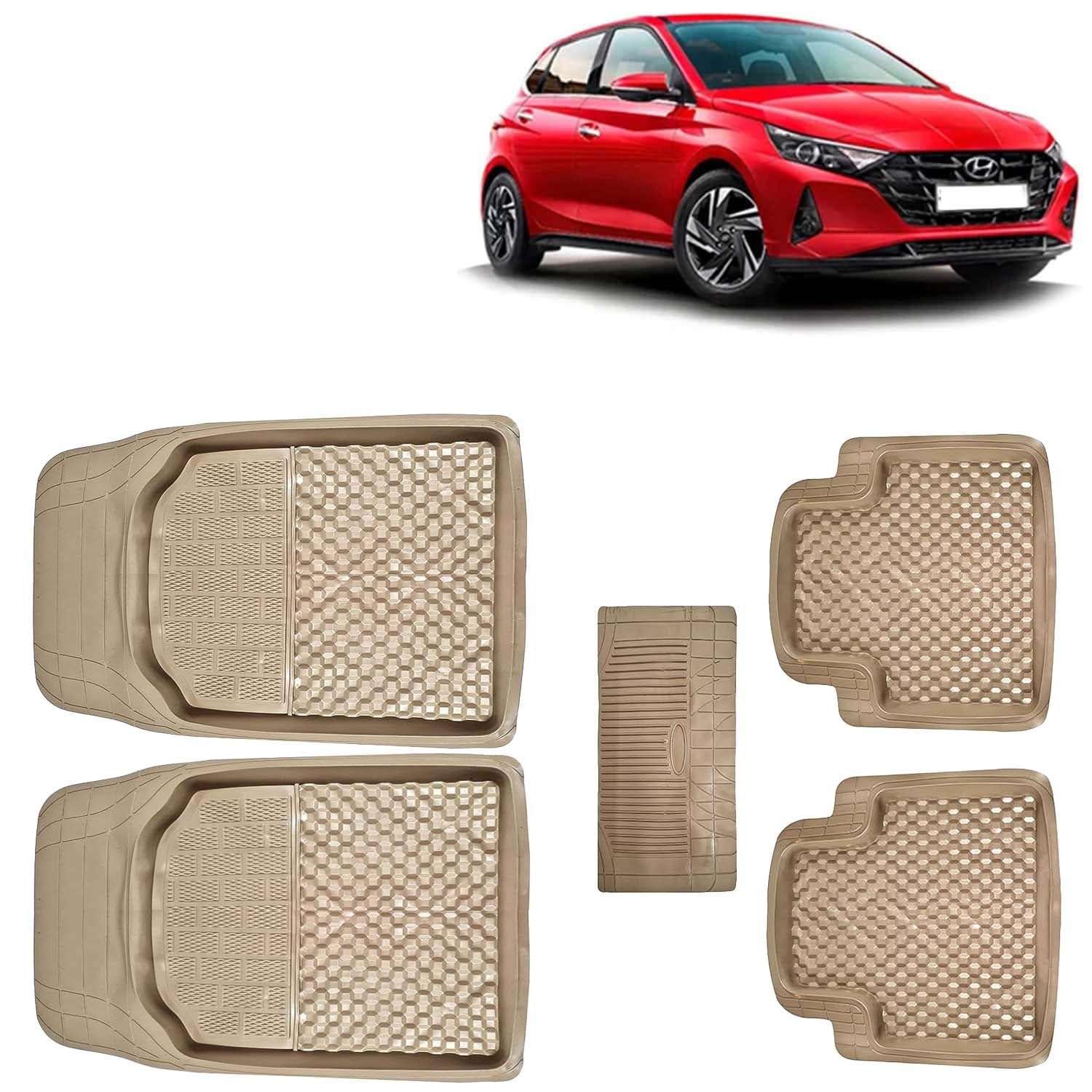 KINGSWAY 3G PVC Rubber Car Foot Mats Compatible with Hyundai I20 (Year 2020 Onwards), Universal Size Floor Mat, Complete Set of 5 Pcs, Waterproof and Washable, Beige Color 1