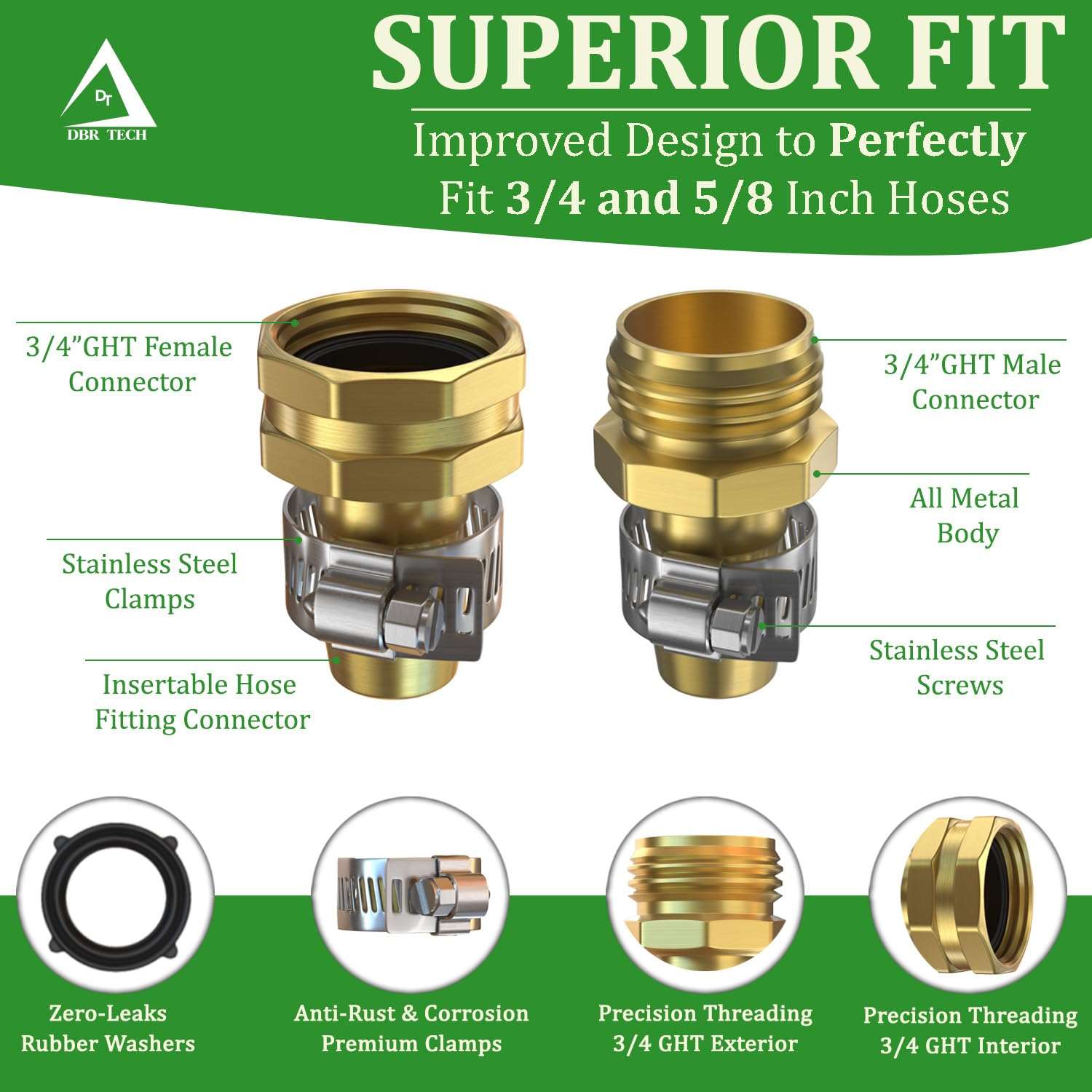 DBR Tech® Garden Hose Repair Kit 5/8” & 3/4" | Heavy Duty Leak-Proof Metal Hose Mender & Connector Set | Male & Female Fittings to Fix Water Hose Ends and Replacement, 2 Set 3