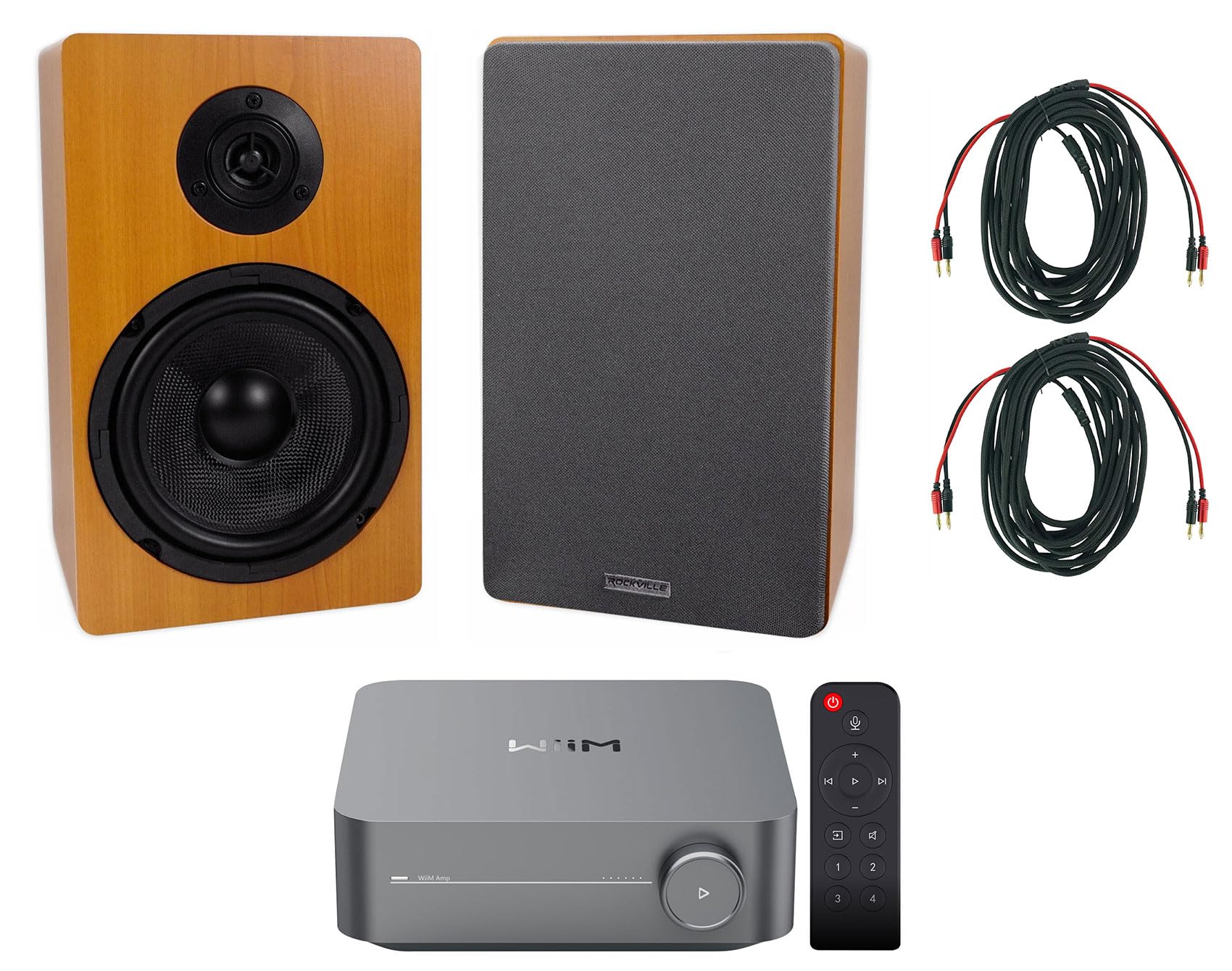 Audiosavings Bundle: Amp Gray WiFi Streaming Home Amplifier Bundle with (2) Rockville RockShelf 68C Wood 6.5" Home Theater Speakers & (2) Rockville BN20 Cable (5 Items)
